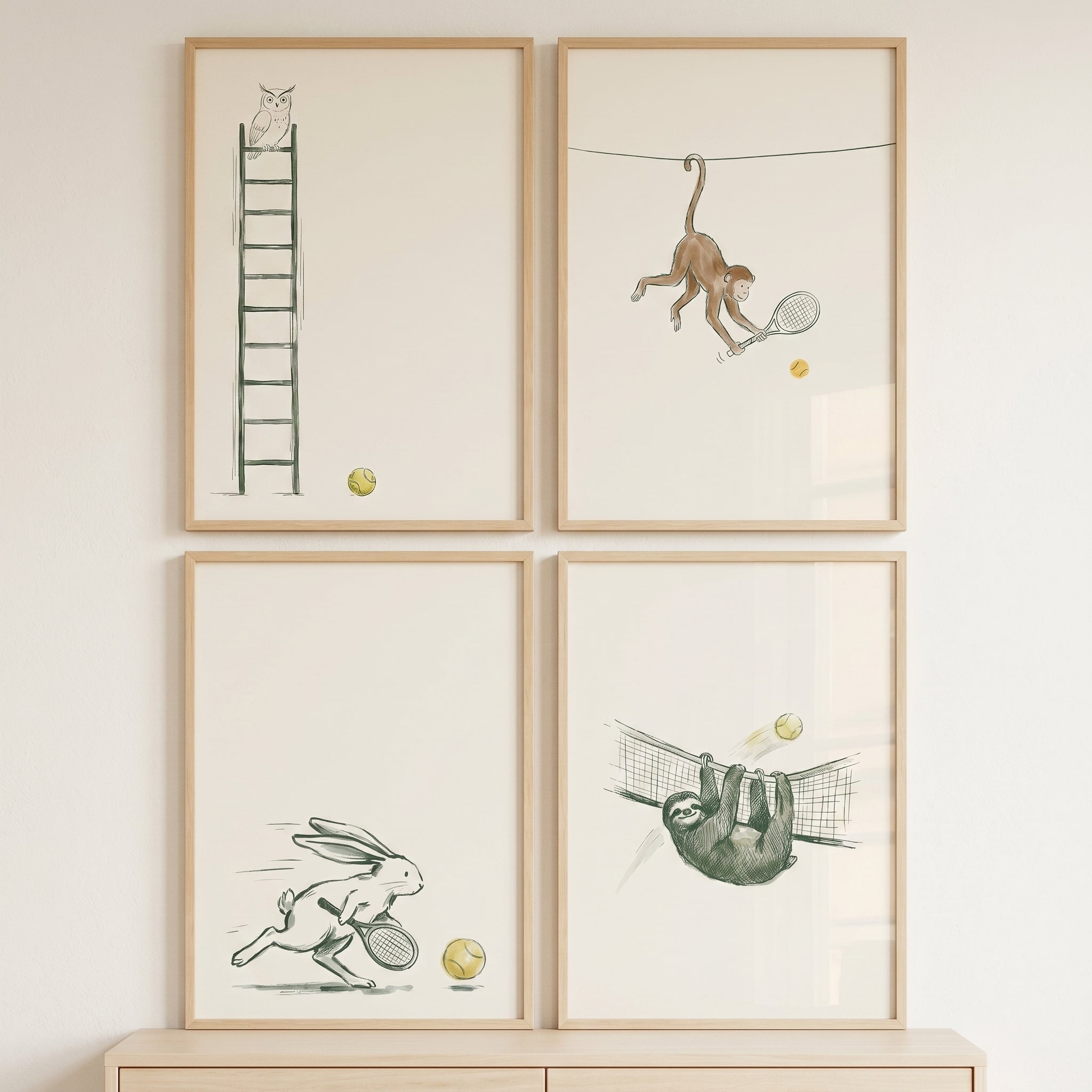 Minimalist Tennis Playing Animals Wall Art Set of 4 - Tennis Animal Friends