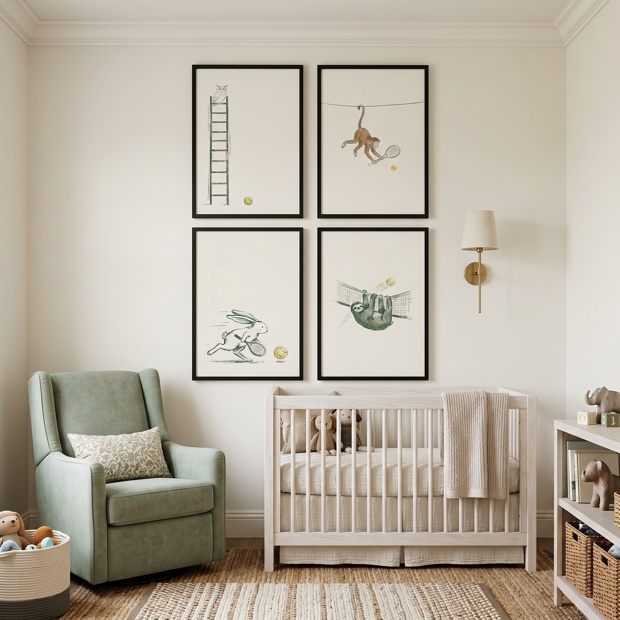 Minimalist Tennis Playing Animals Wall Art Set of 4 - Tennis Animal Friends