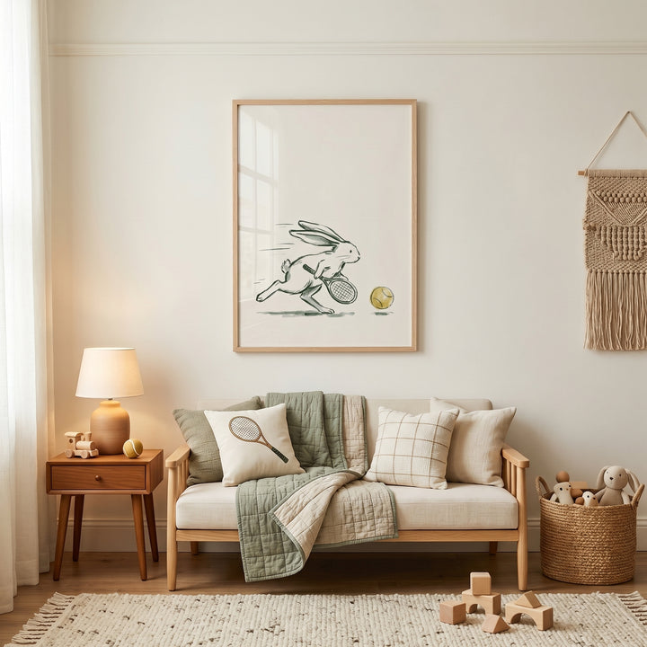 Minimalist tennis rabbit wall art above a neutral sofa with sage green accents and a small wooden side table.
