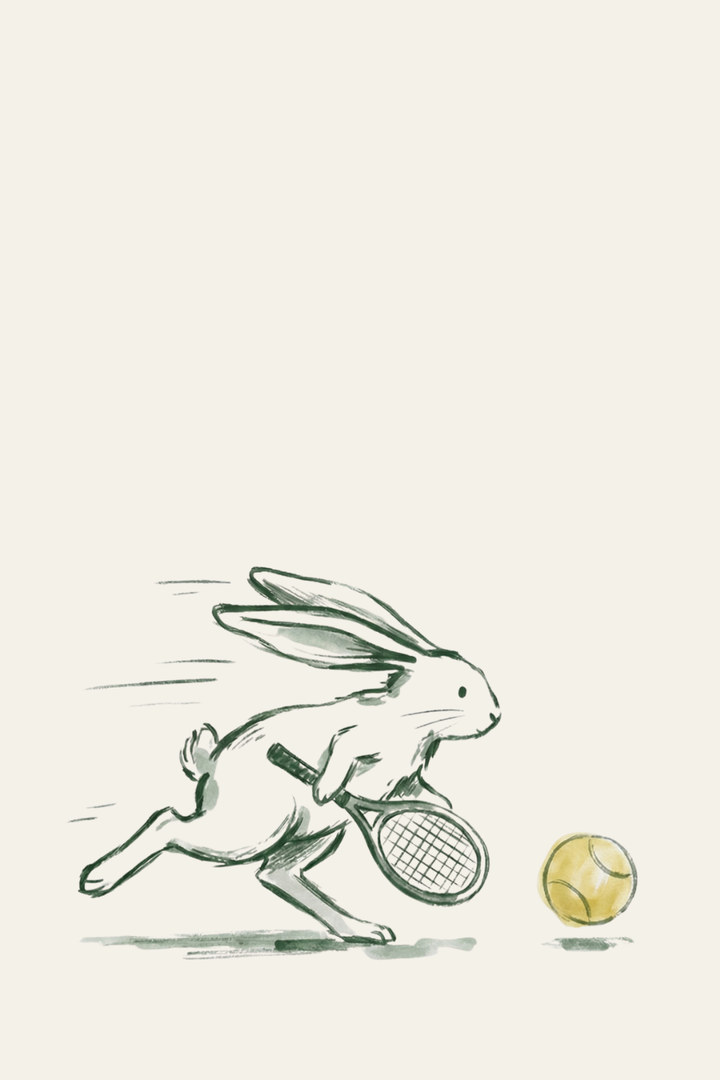 A rabbit sprints with a racket toward a tennis ball in this minimalist tennis rabbit wall art.