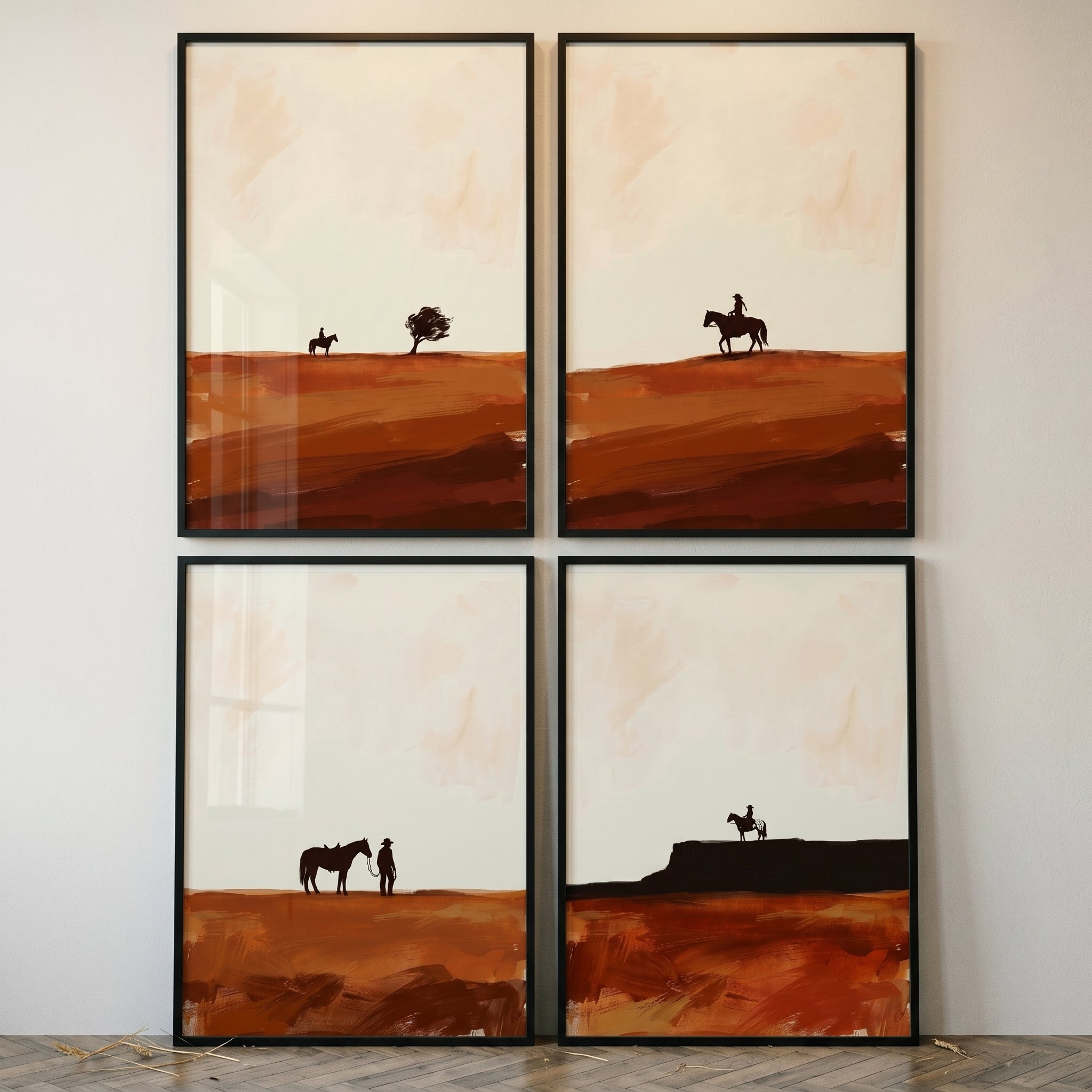 Minimalist Terracotta Cowboy Wall Art Set of 4 - Lone Desert Rider