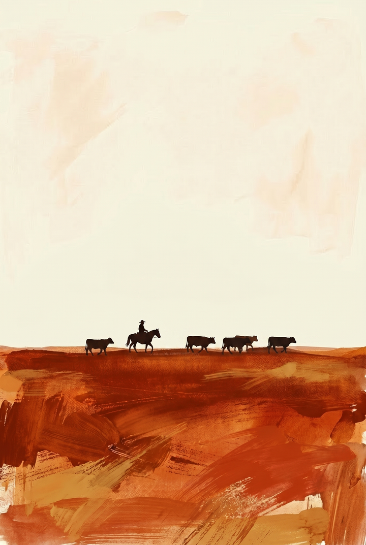 Minimalist terracotta desert cowboy wall art featuring silhouettes of a rider and cattle under a vast, pale sky.