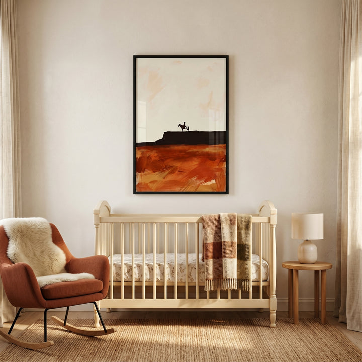 A nursery features minimalist terracotta mesa rider wall art above a cream crib next to an orange rocker and jute rug.