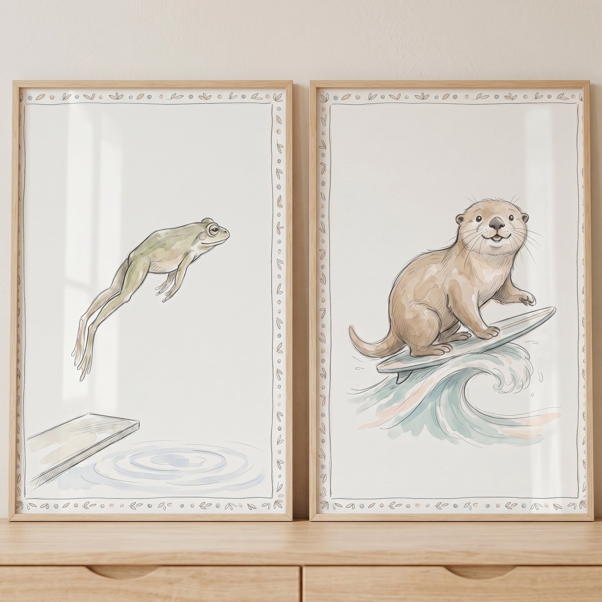 Minimalist Watercolor Athletic Animals Wall Art Set of 2 - Splashy Water Friends