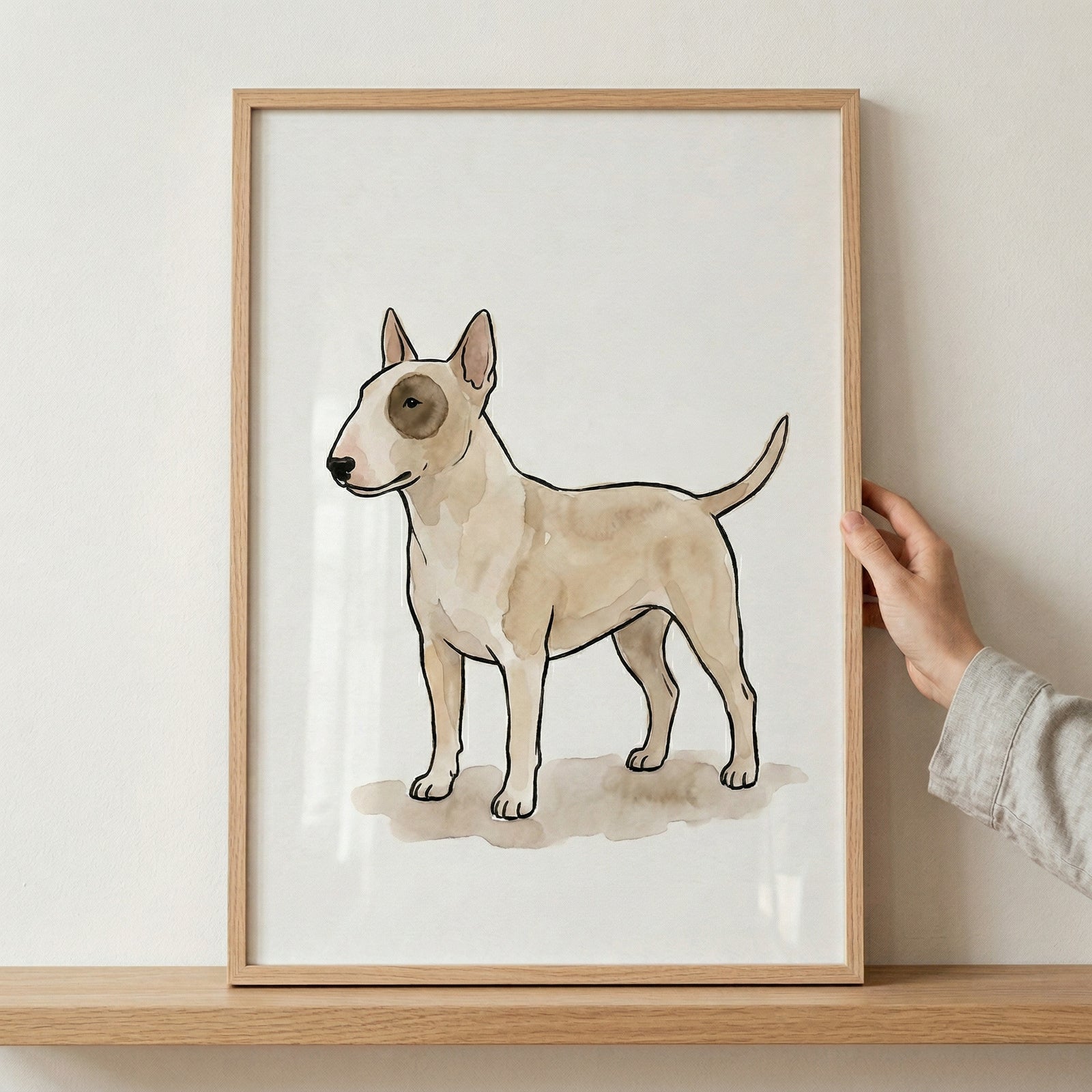 A minimalist illustration of a Bull Terrier dog is displayed within a simple, light-toned wooden frame. The dog, rendered in a soft watercolor style, has a creamy white coat with a prominent dark brown patch encircling its left eye. 