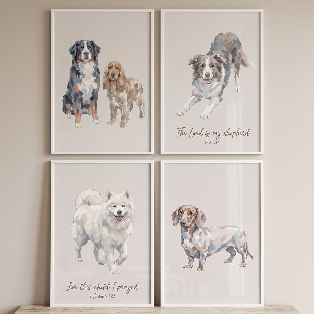 Minimalist Watercolor Christian Dogs Wall Art Set of 4 - Faithful Dog Art