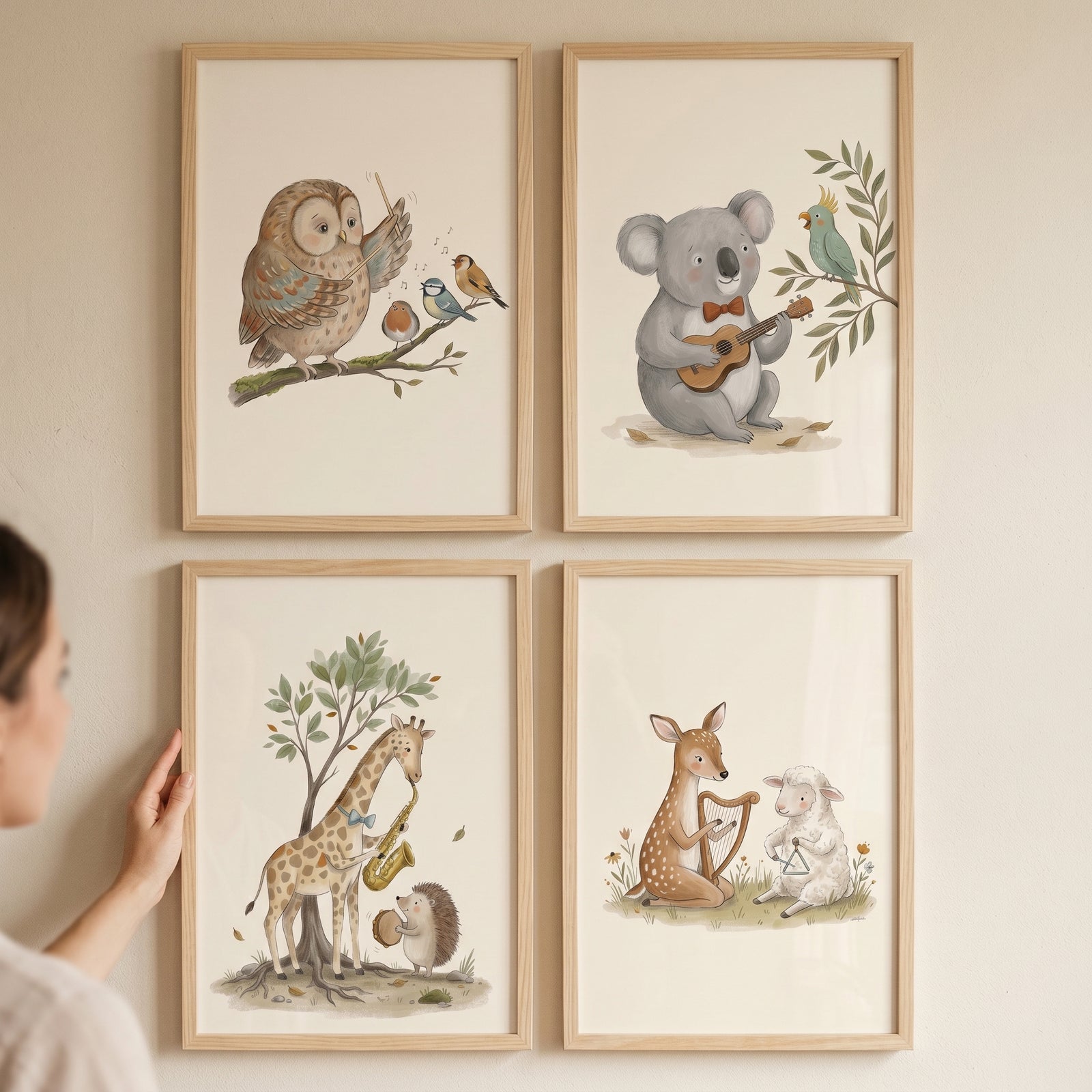 Minimalist watercolor musical animals artwork set of 4 featuring an owl, koala, giraffe, and deer playing instruments.