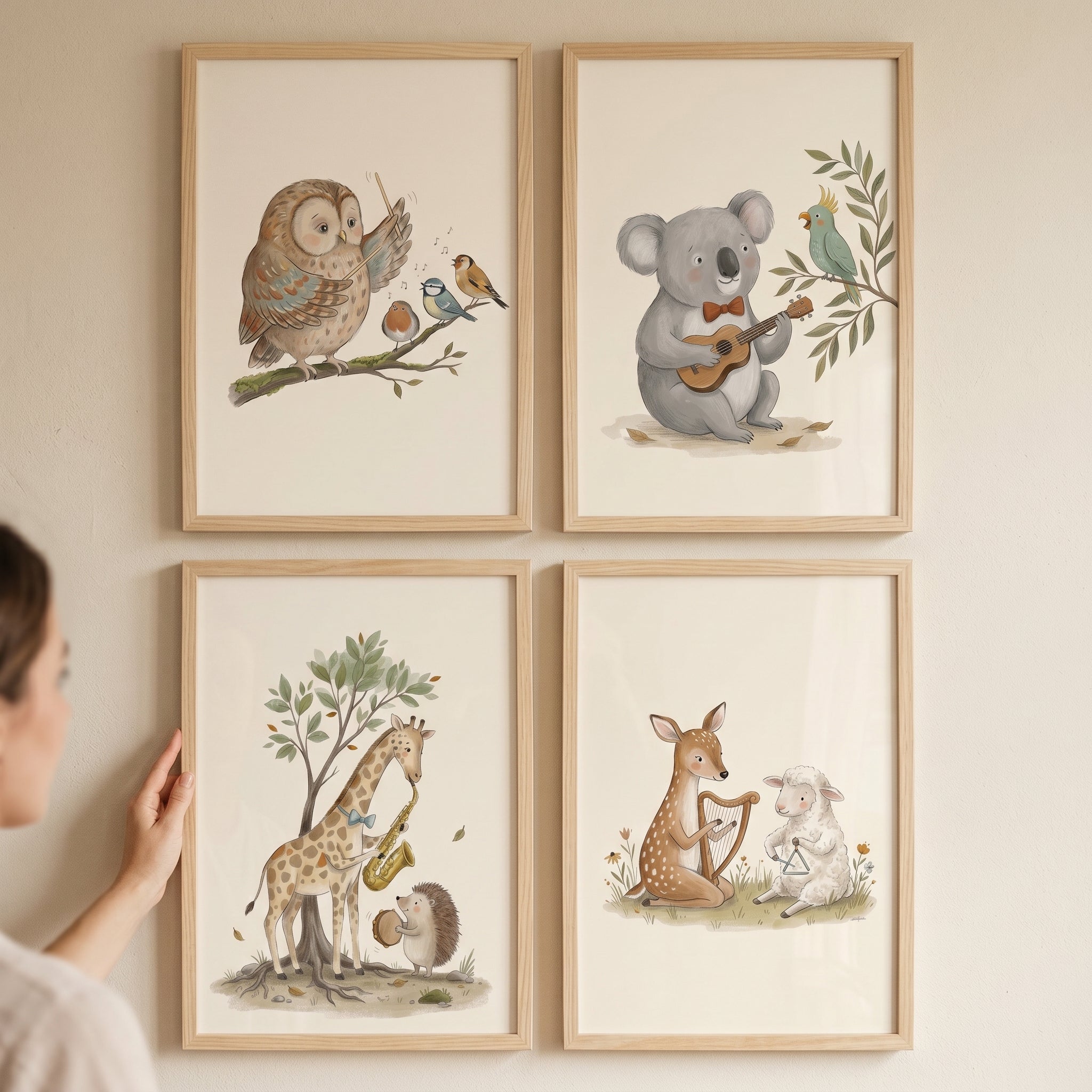 Minimalist Watercolor Musical Animals Artwork Set of 4 - Whimsical Forest Melodies