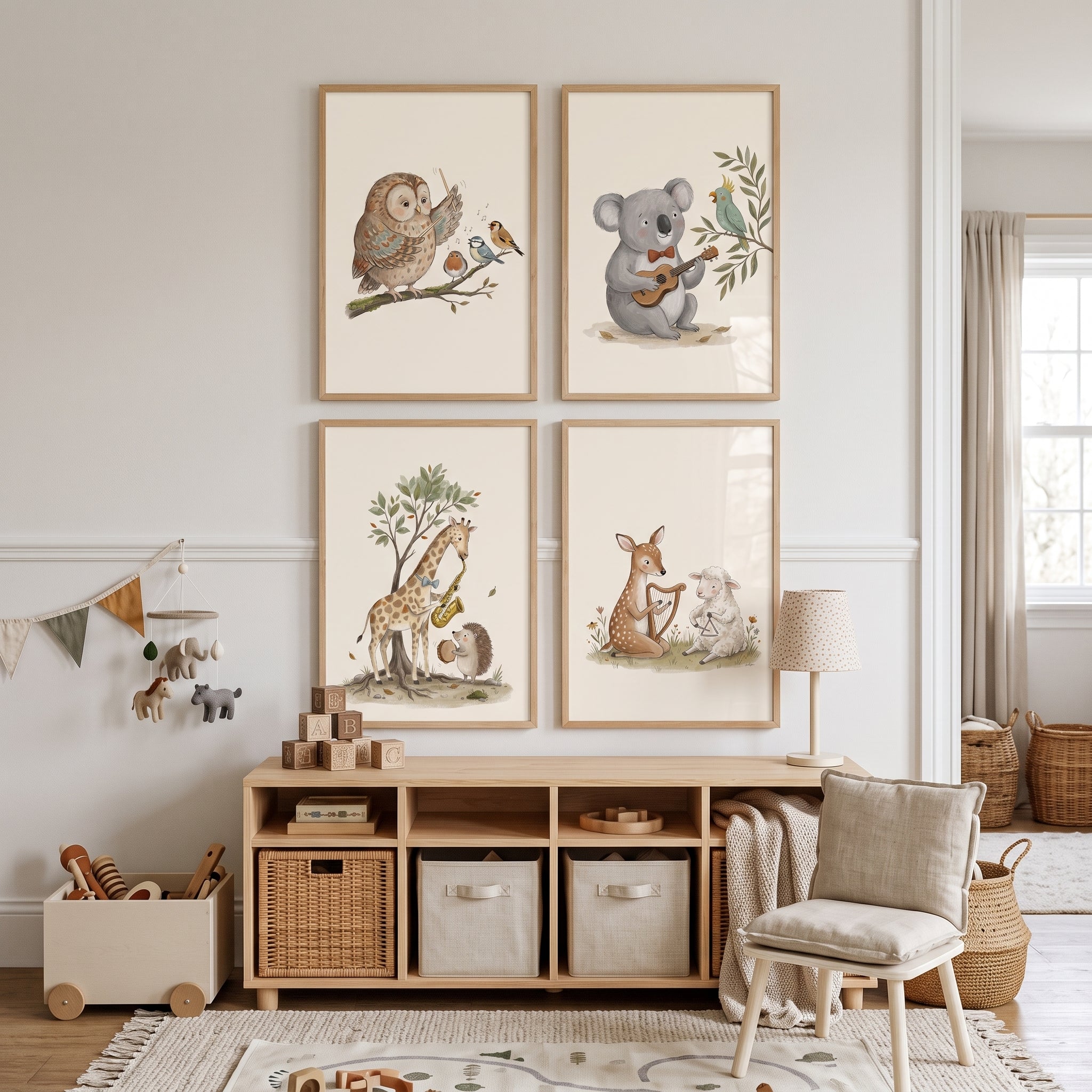Minimalist Watercolor Musical Animals Artwork Set of 4 - Whimsical Forest Melodies
