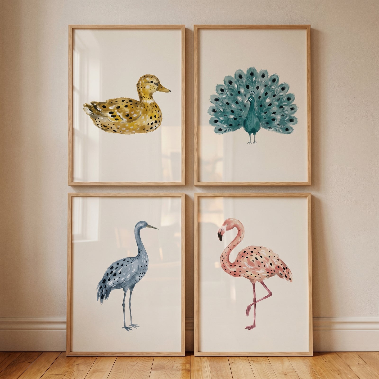 Minimalist watercolor spotted birds wall art set of 4 including a duck, peacock, crane, and flamingo in wood frames.