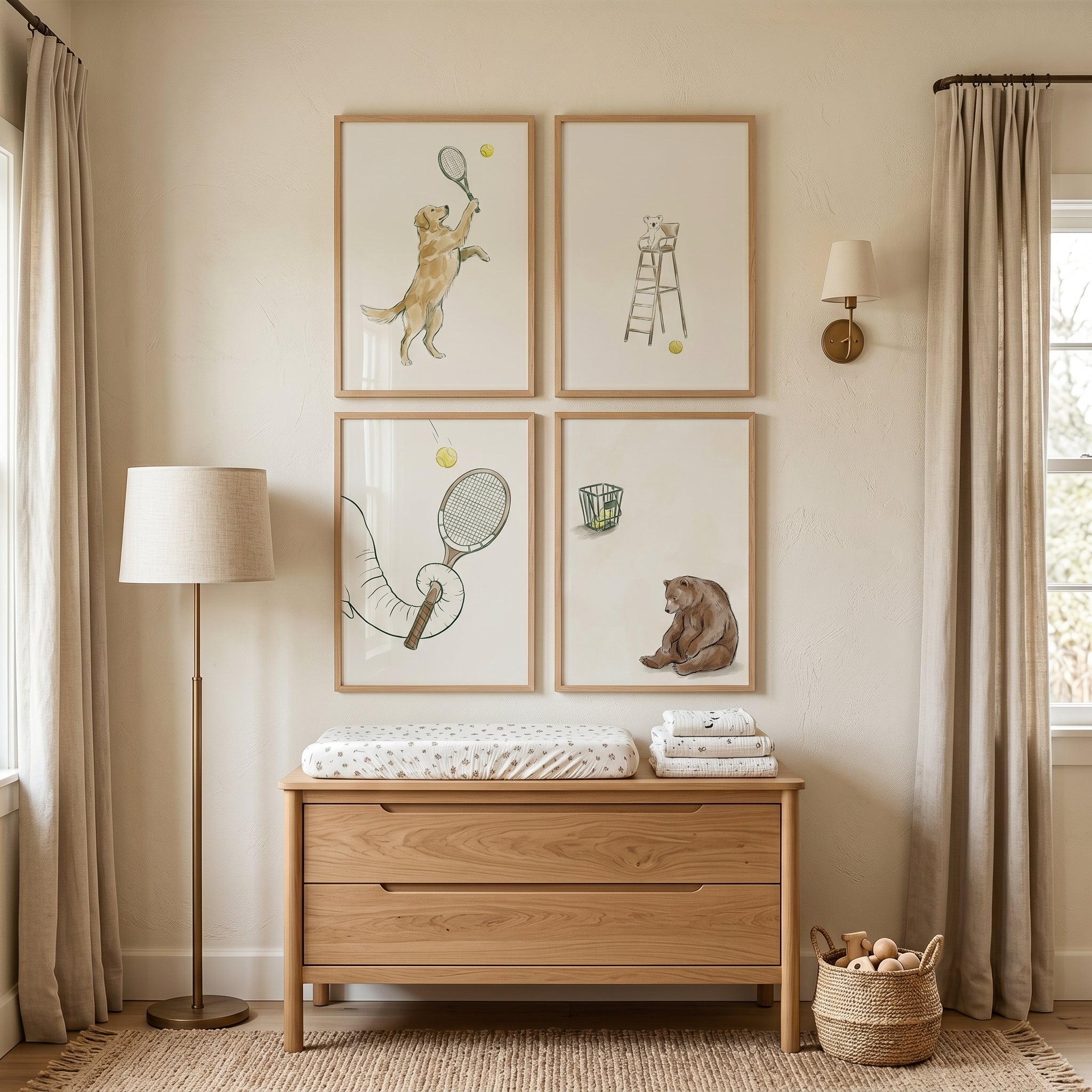 Minimalist Watercolor Tennis Animals Wall Art Set of 4 - Wild Court Games