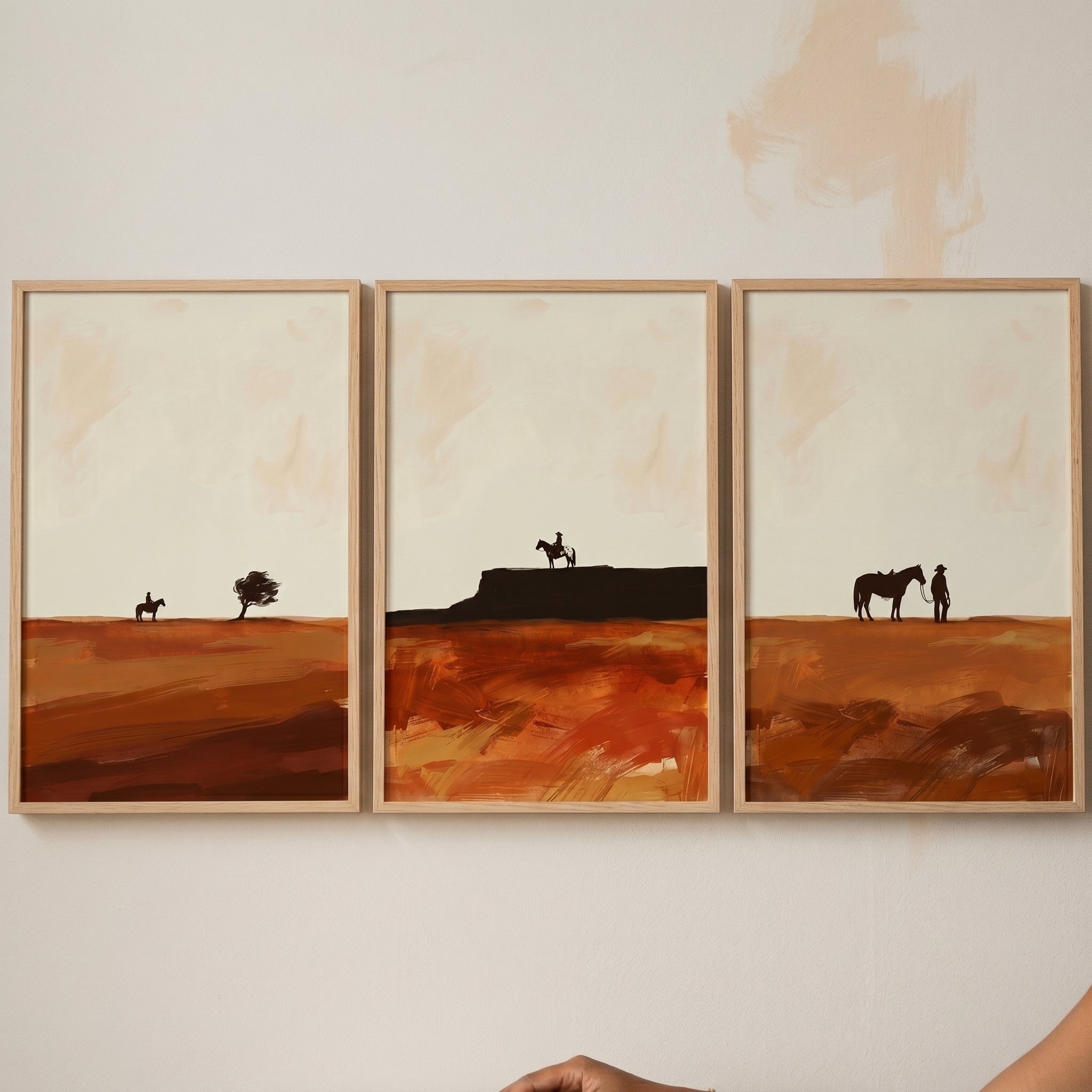 Boho Terracotta Desert Cowboy Wall Art Set of 3 - Desert Mesa Riders