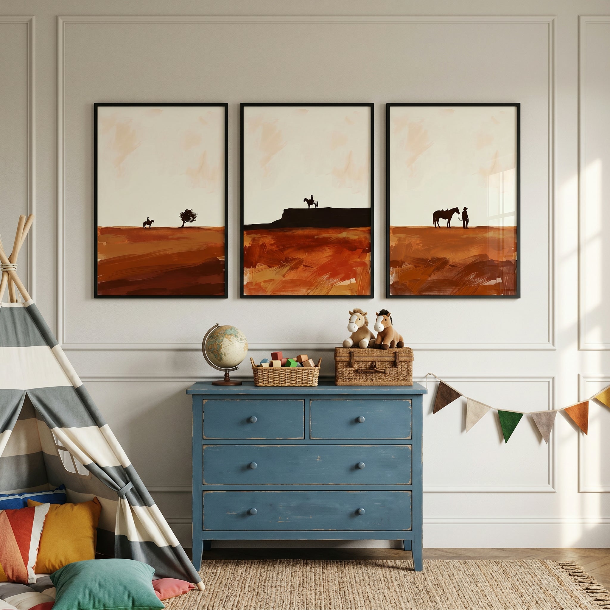 Boho Terracotta Desert Cowboy Wall Art Set of 3 - Desert Mesa Riders
