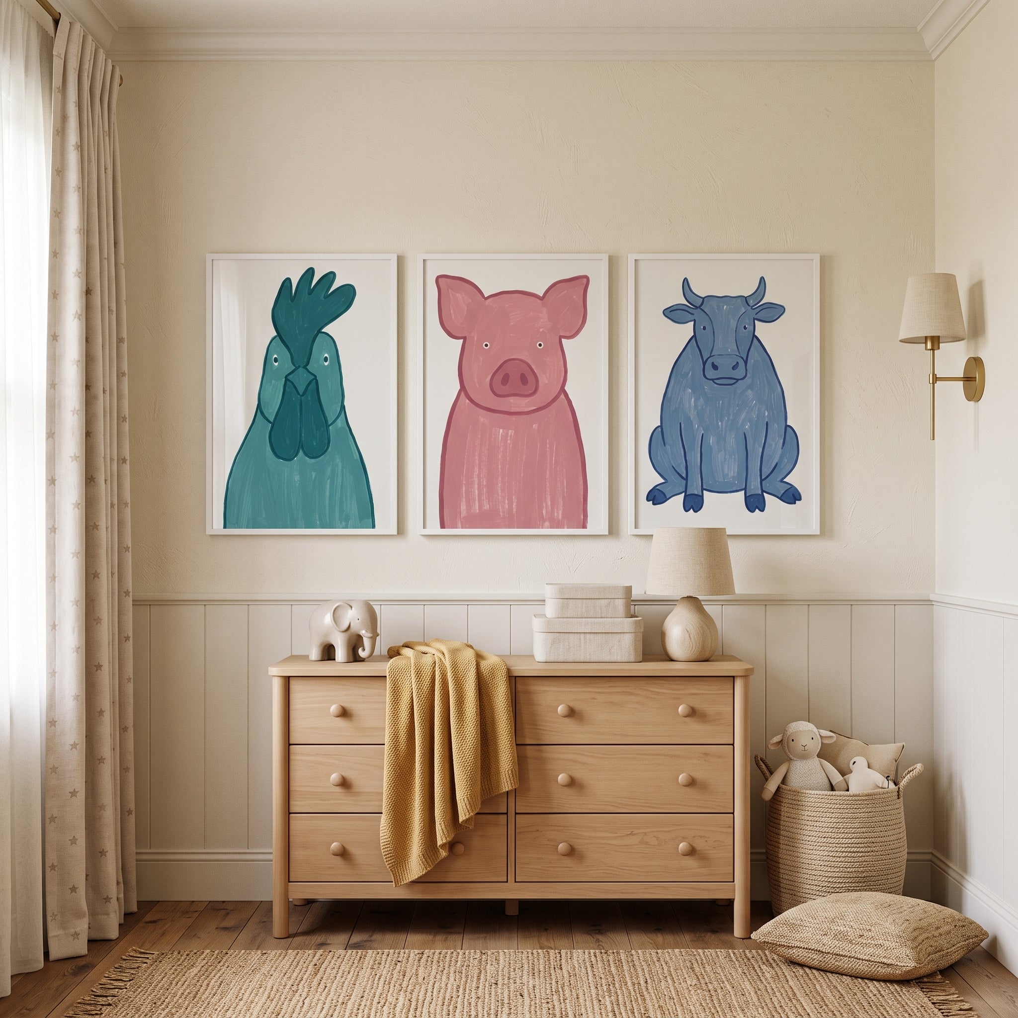 Minimalist Whimsical Farm Animals Artwork Set Of 3 - Colorful Farm Critters
