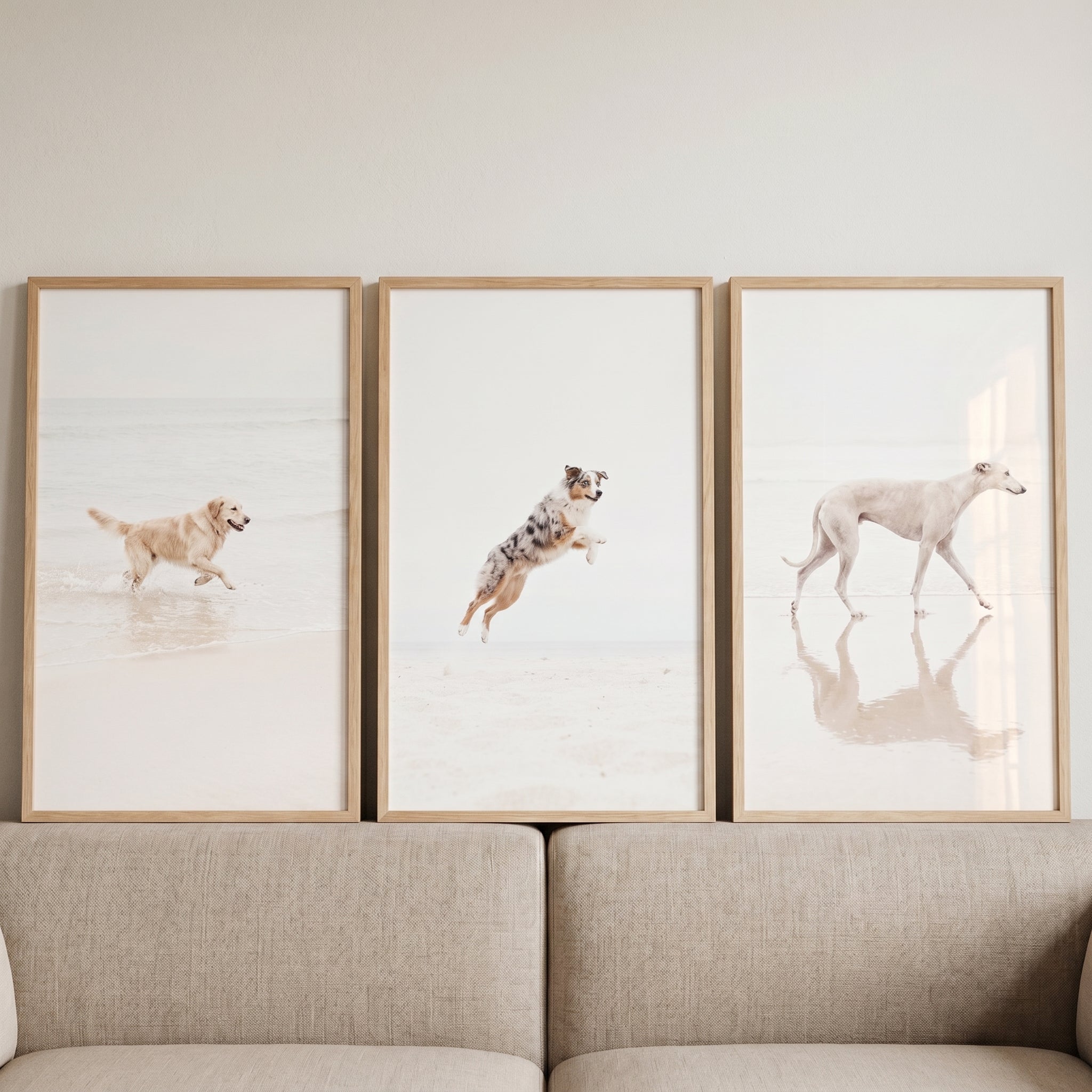Minimalist White Beach Dog Wall Art Set of 3 - Coastal Canine Trio
