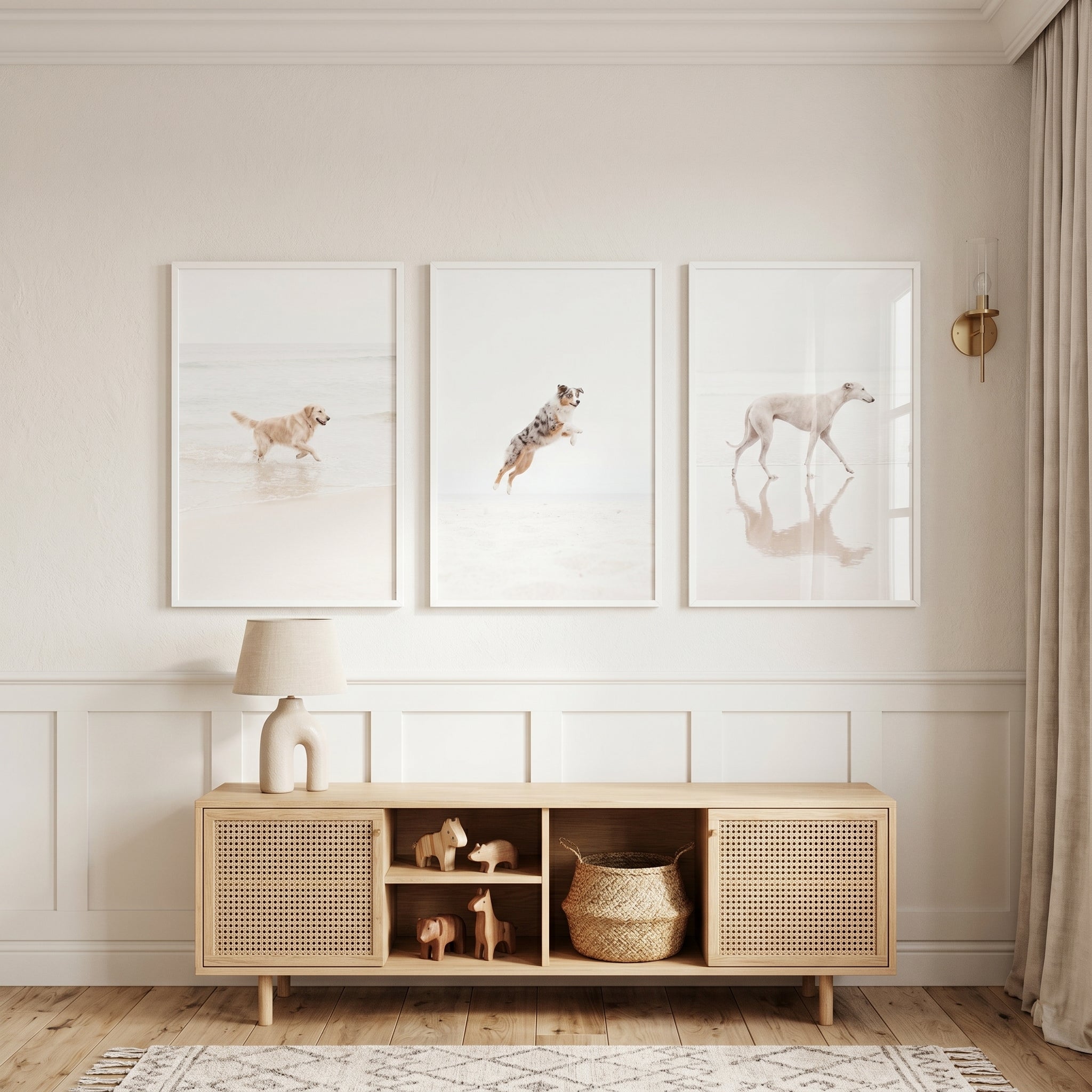 Minimalist White Beach Dog Wall Art Set of 3 - Coastal Canine Trio