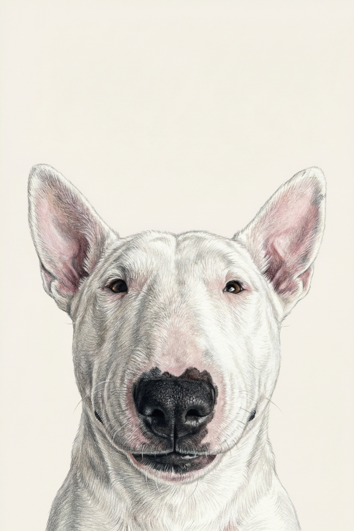Detailed portrait of a white bull terrier with pink ears and black nose. Minimalist white bull terrier wall art.