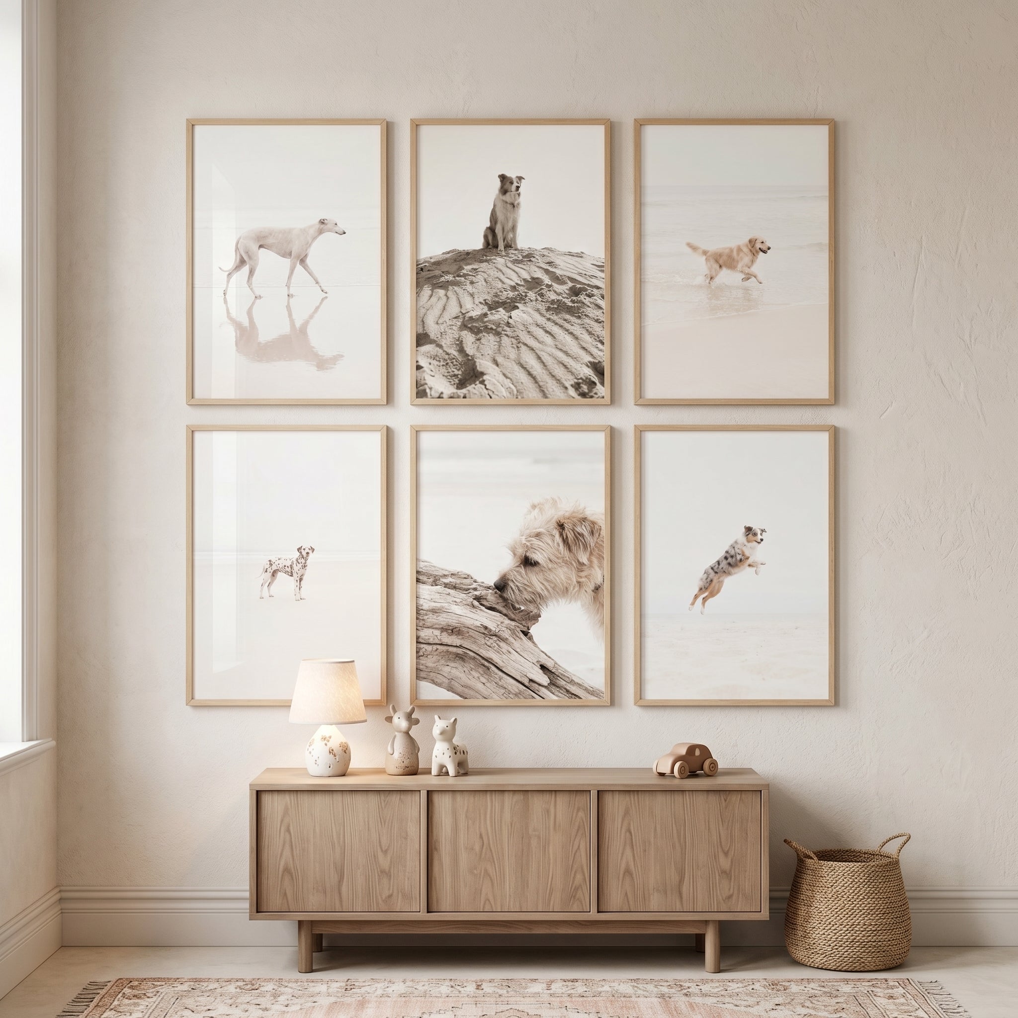 Minimalist White Coastal Dog Wall Art Set of 6 - Sunlit Shore Paws