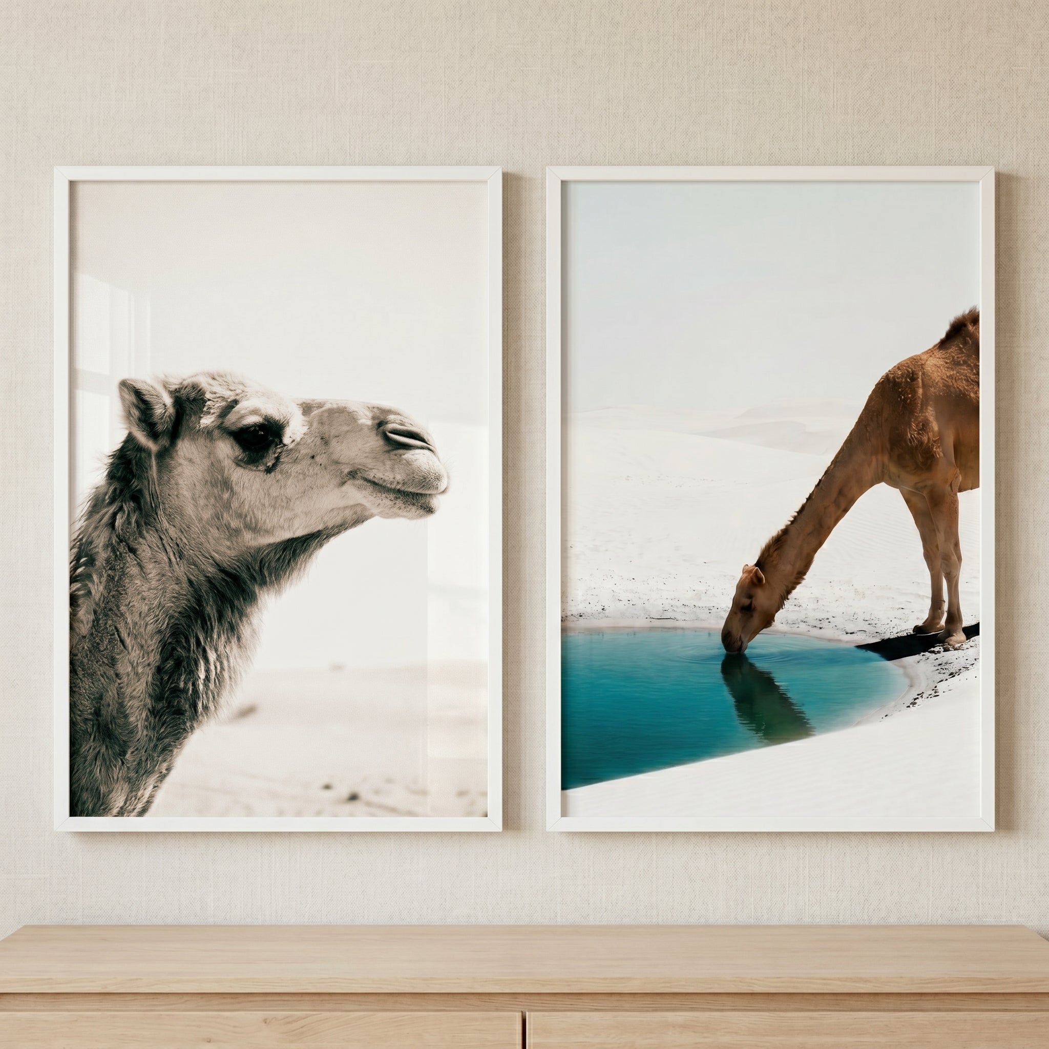 Minimalist White Desert Camel Wall Art Set of 2 - Desert Soul