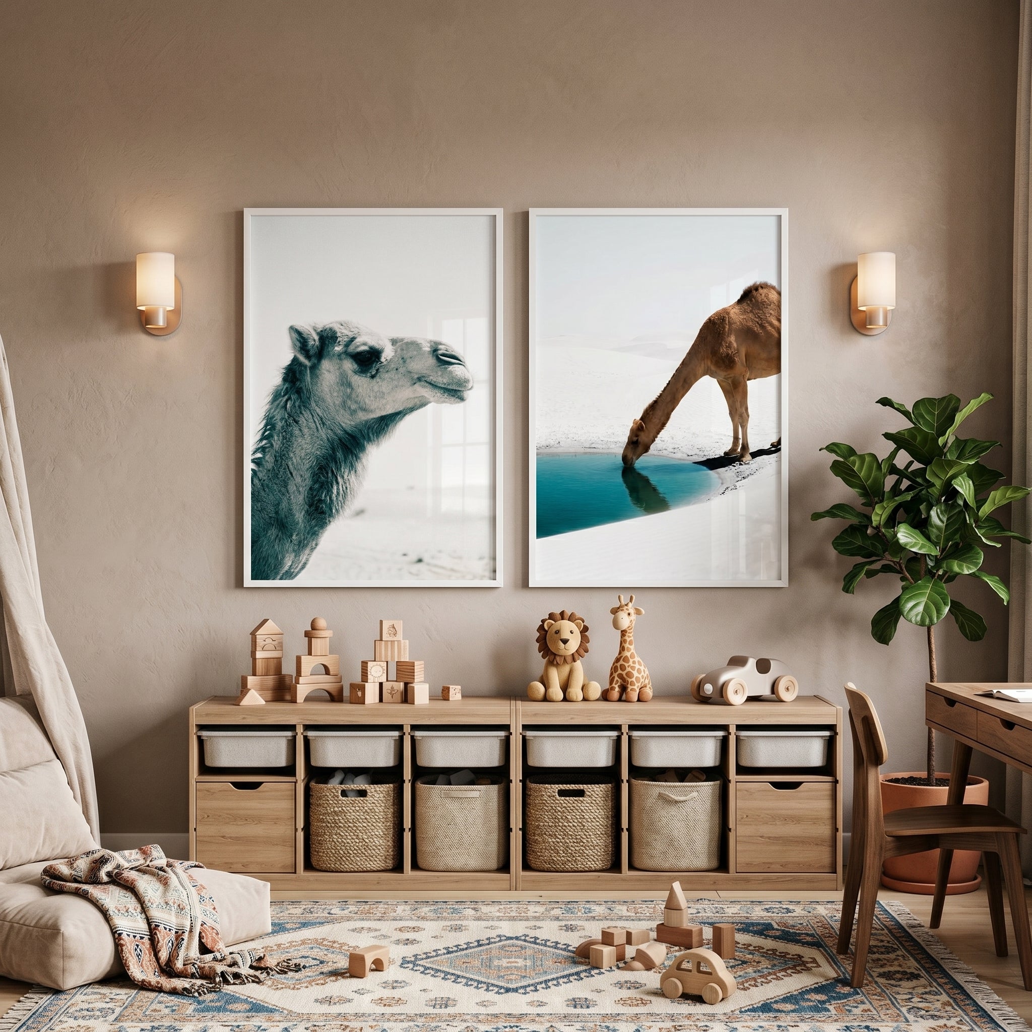 Minimalist White Desert Camel Wall Art Set of 2 - Desert Soul