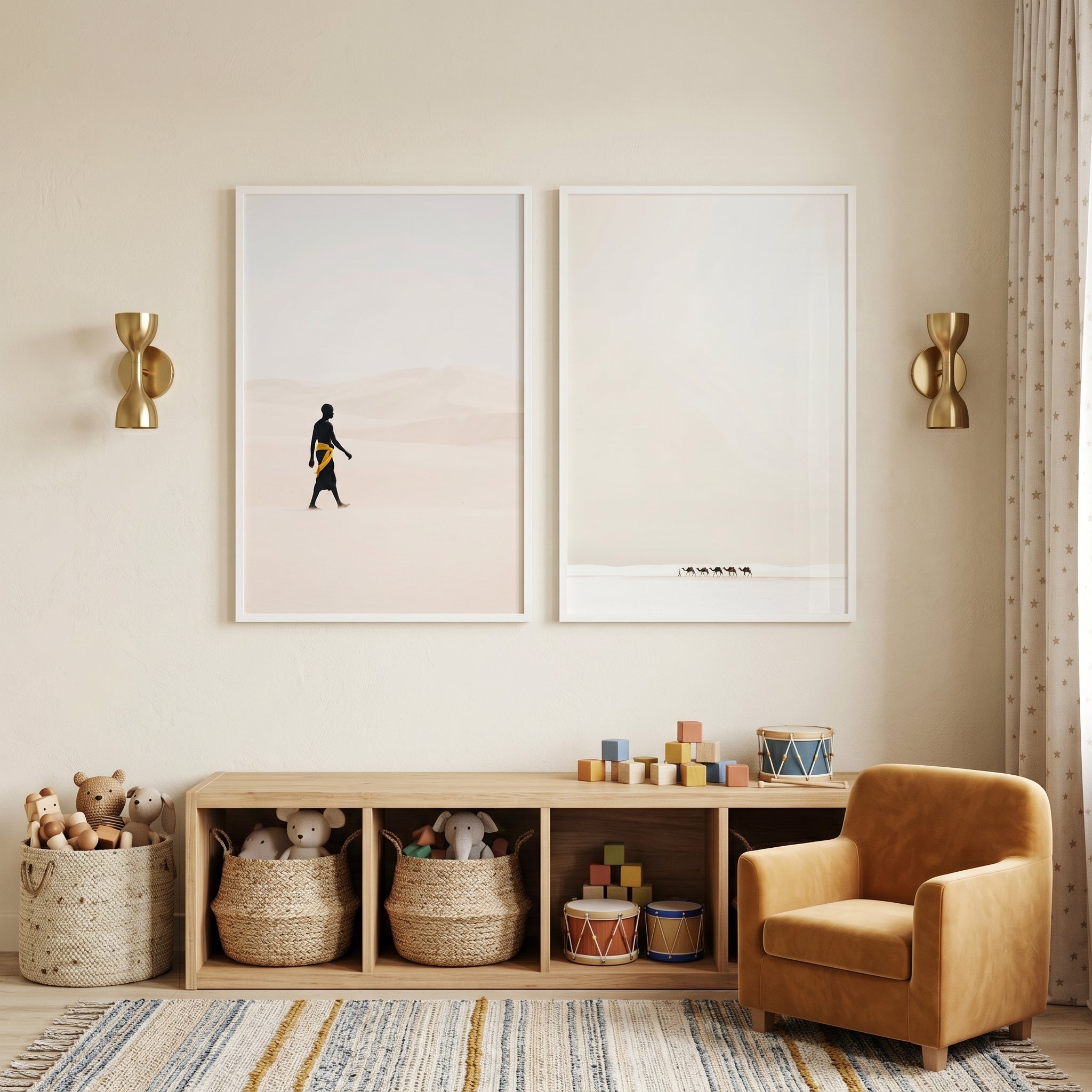 Minimalist White Desert Wall Art Set of 2 - Golden Sand Journey