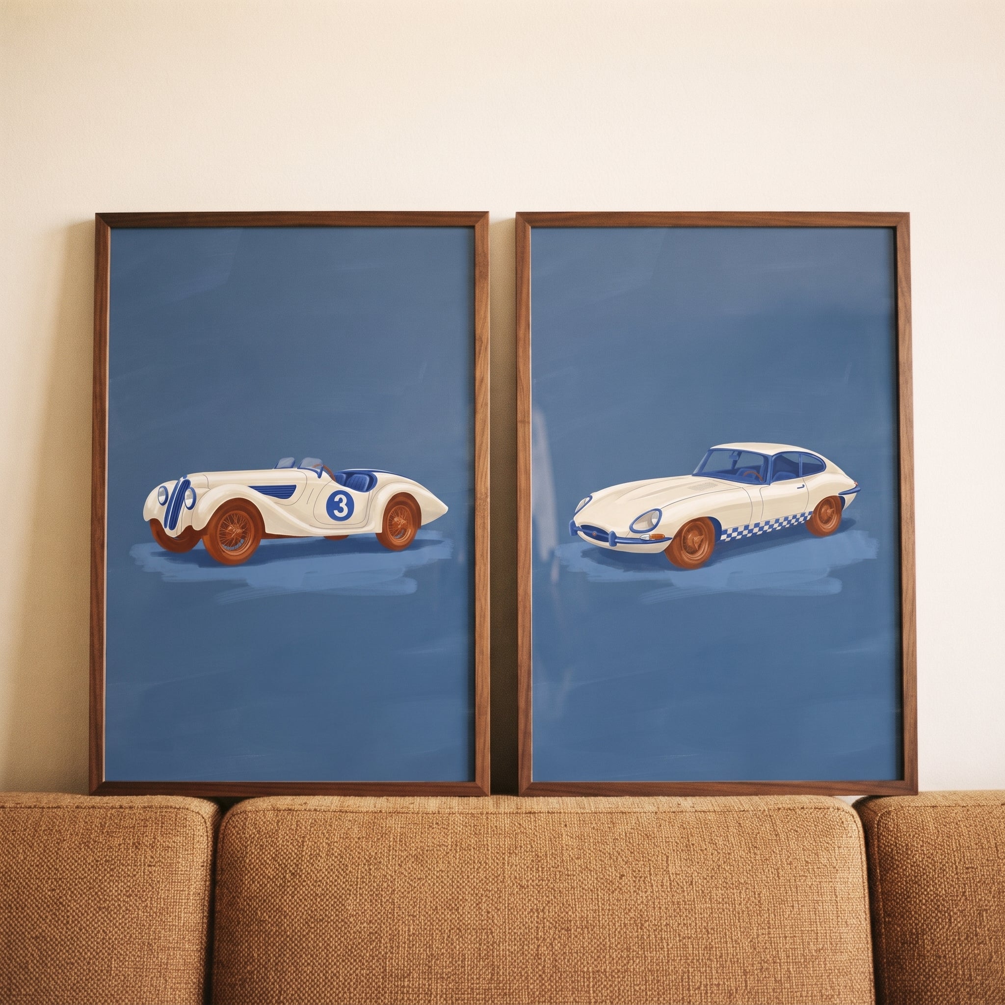 Minimalist White Vintage Car Wall Art Set of 2 - Vintage Speed Duo