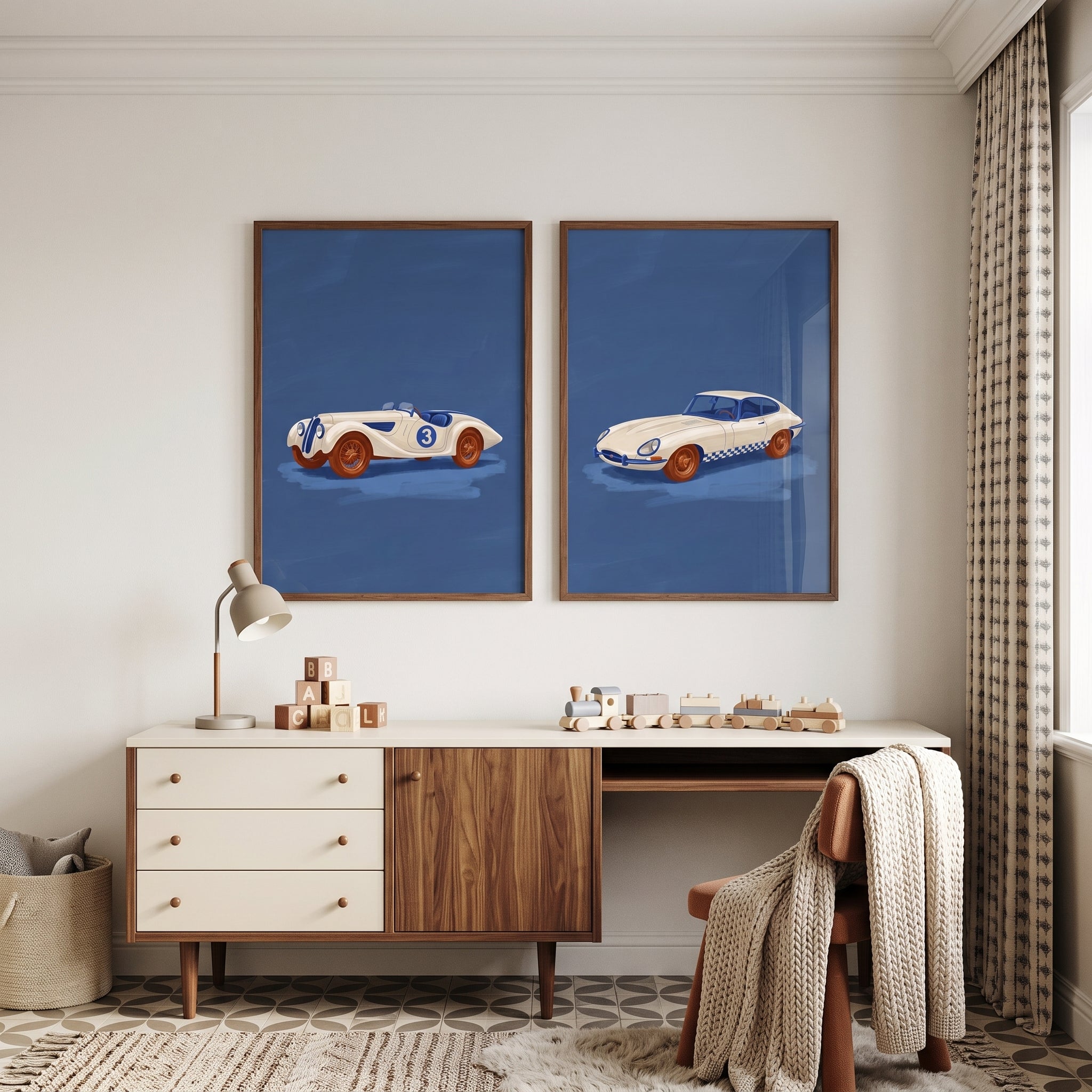 Minimalist White Vintage Car Wall Art Set of 2 - Vintage Speed Duo