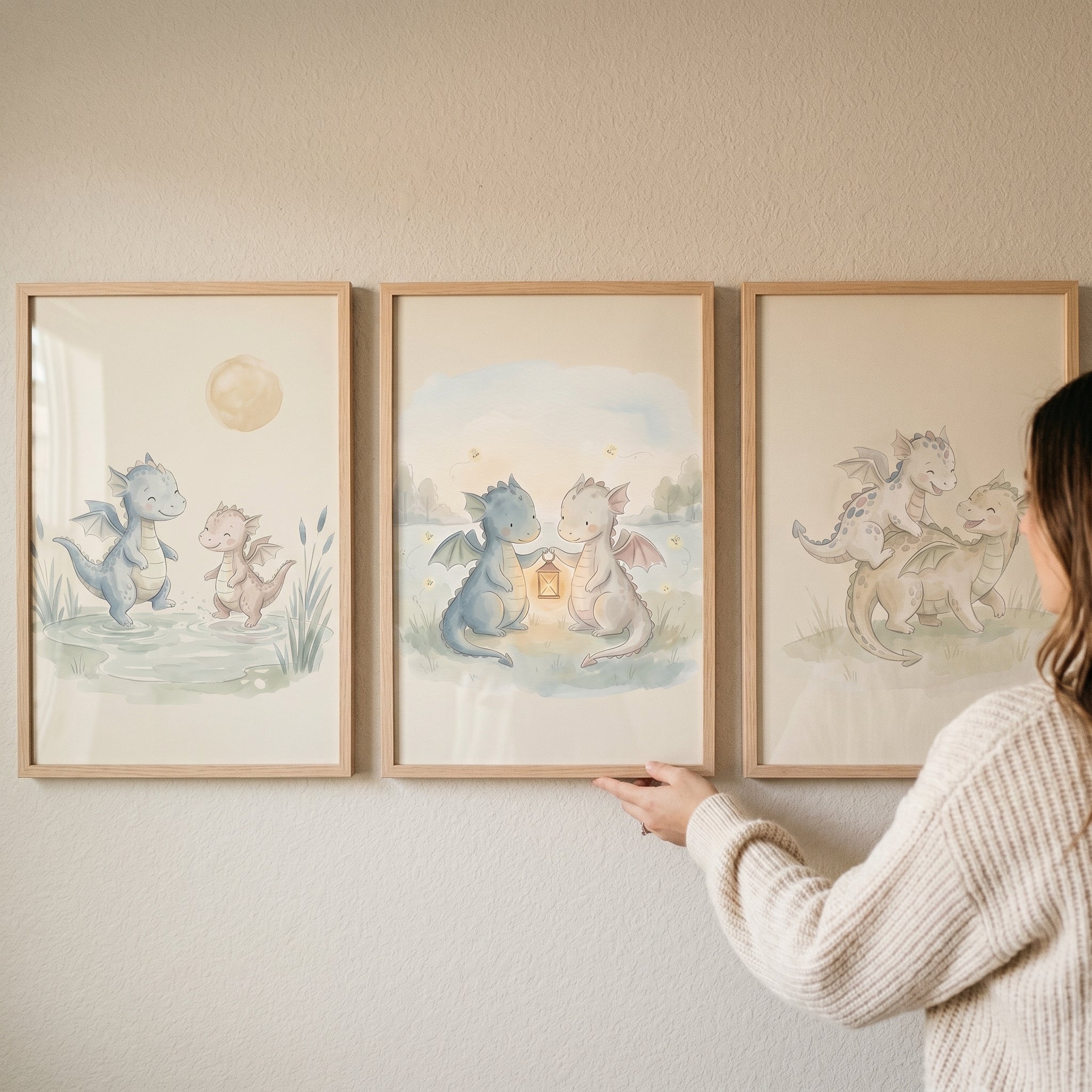 Mint Cream Baby Dragons Wall Art Set of 3 - Baby Dragon Trio