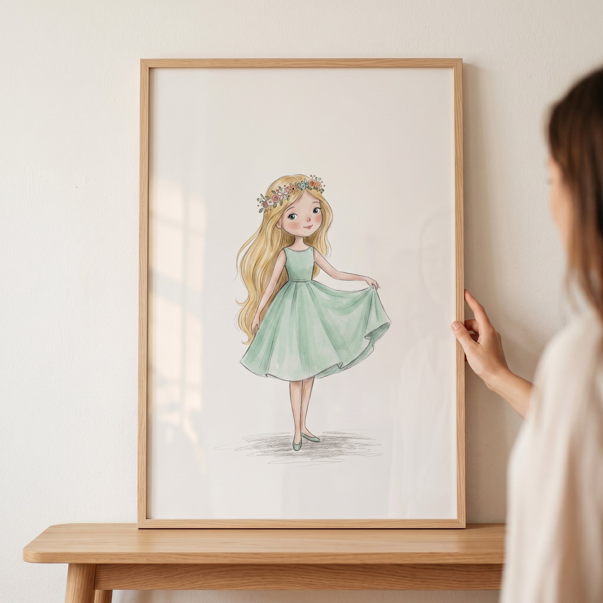Mint Green Dress Girl Wall Art - Minty Floral Maiden