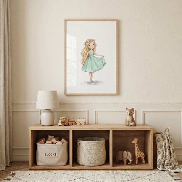 Mint green dress girl wall art hangs over a wooden shelf with toys, a lamp, and baskets in a neutral nursery.