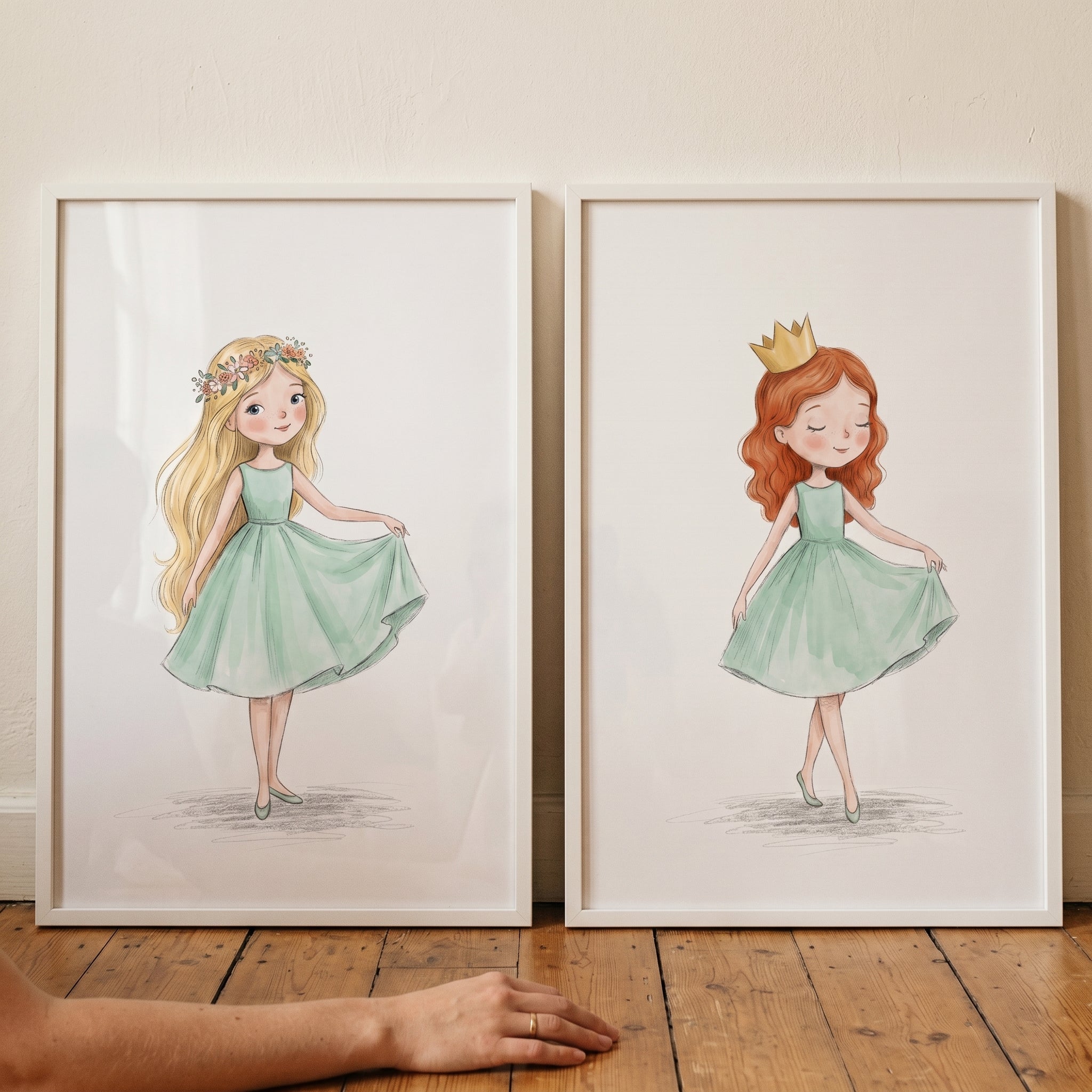 Mint Green Dress Girl Wall Art Set of 2 - Royal Sisters Duo
