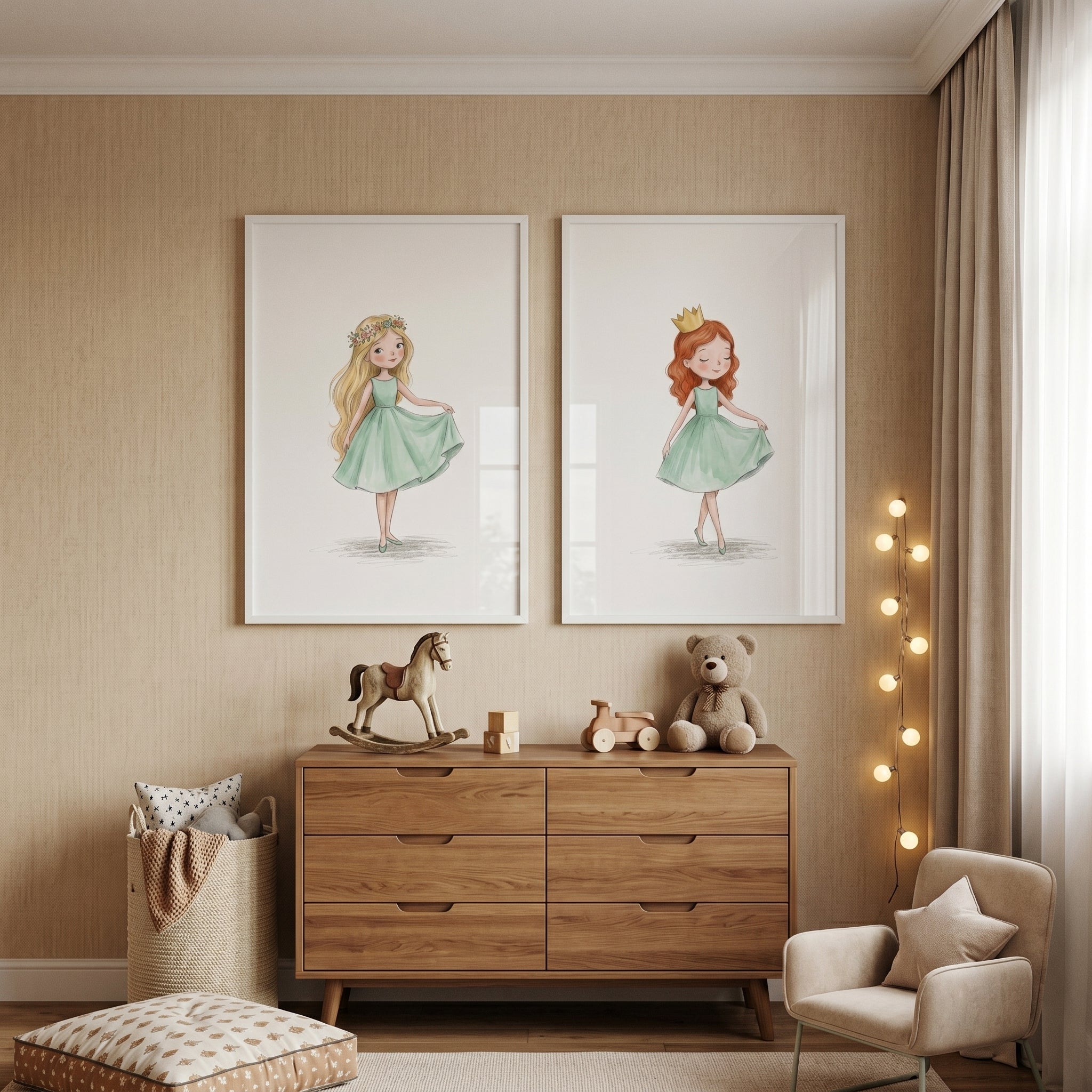Mint Green Dress Girl Wall Art Set of 2 - Royal Sisters Duo