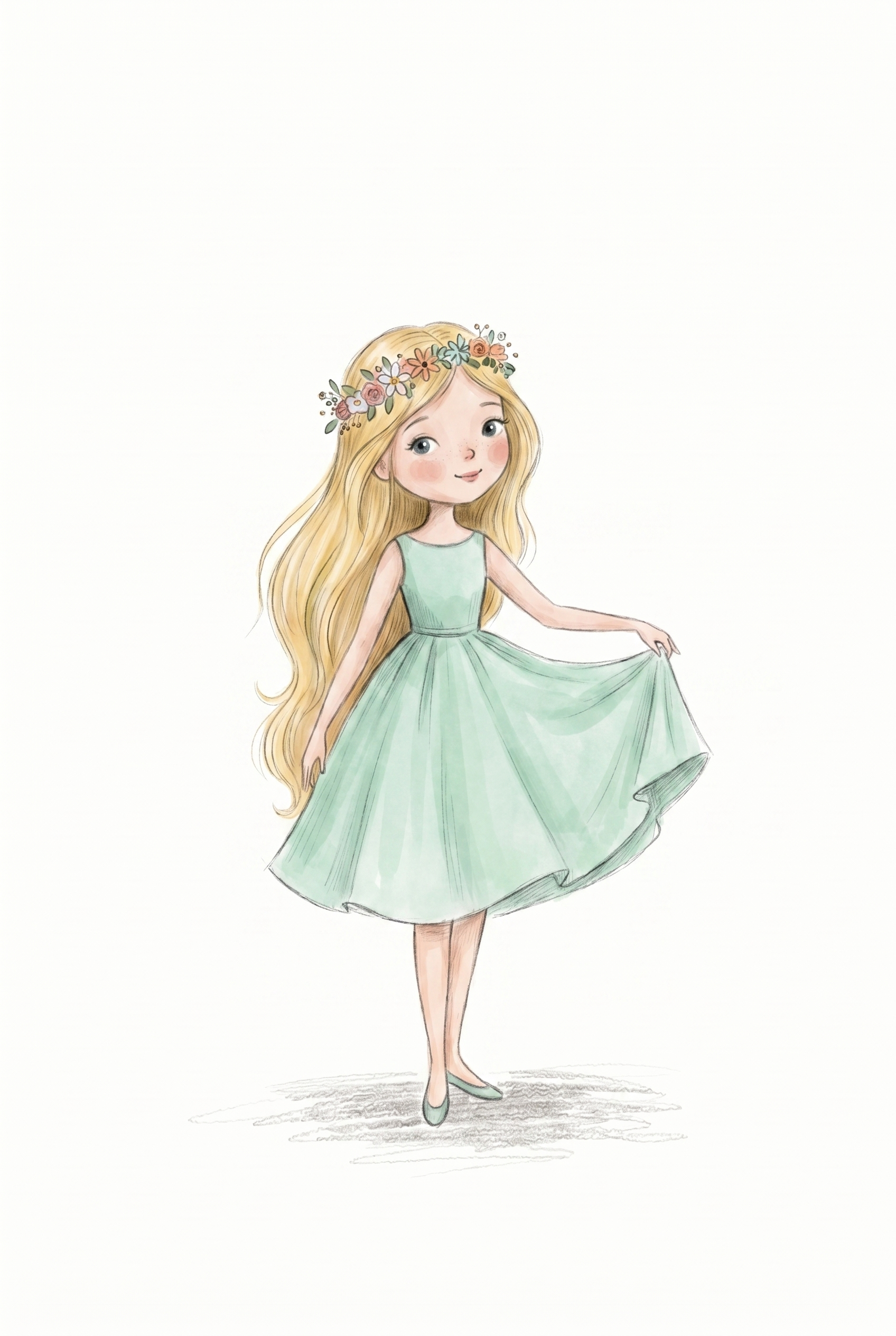 Mint Green Dress Girl Wall Art - Minty Floral Maiden