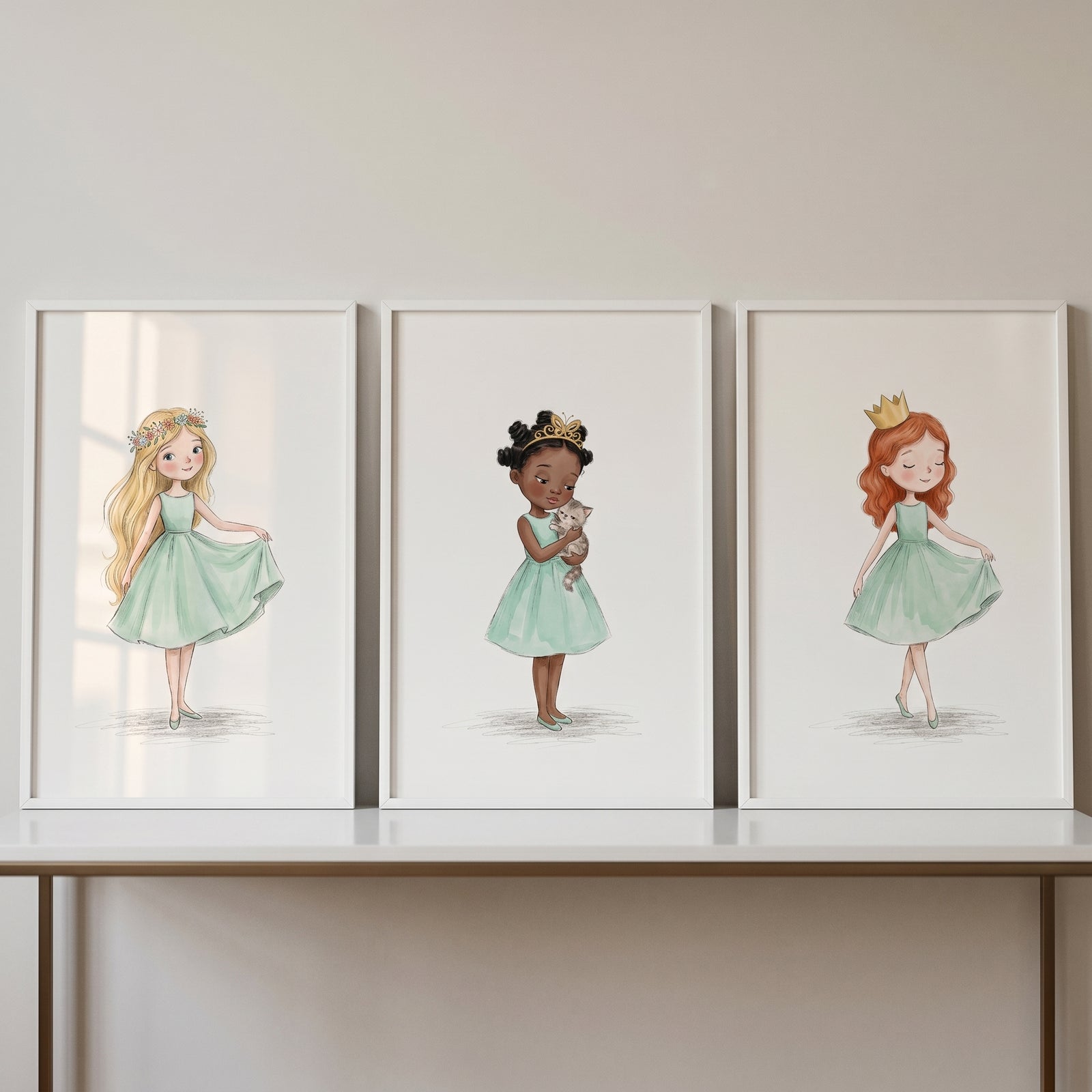 Mint green watercolor princess wall art set of 3 shows three girls wearing crowns and light green dresses.