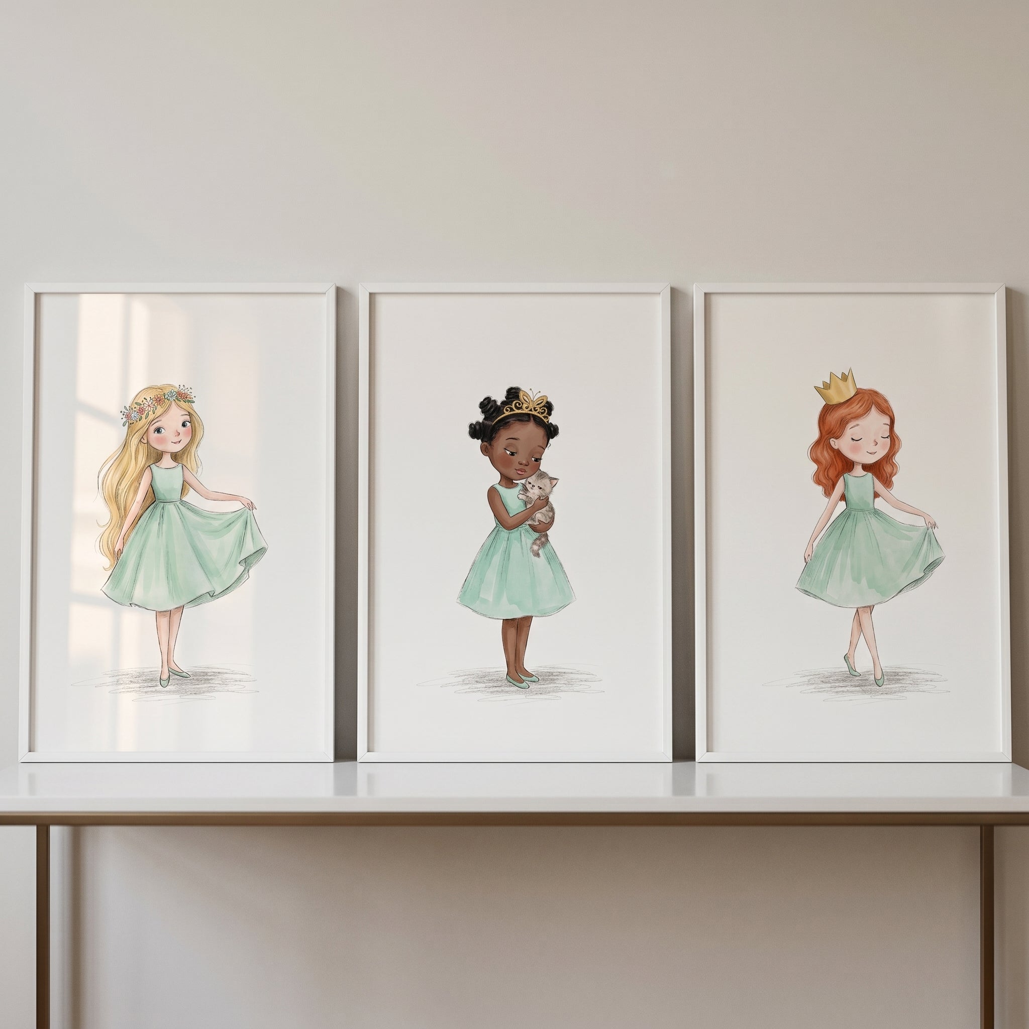 Mint Green Watercolor Princess Wall Art Set Of 3 - Tiny Mint Princesses