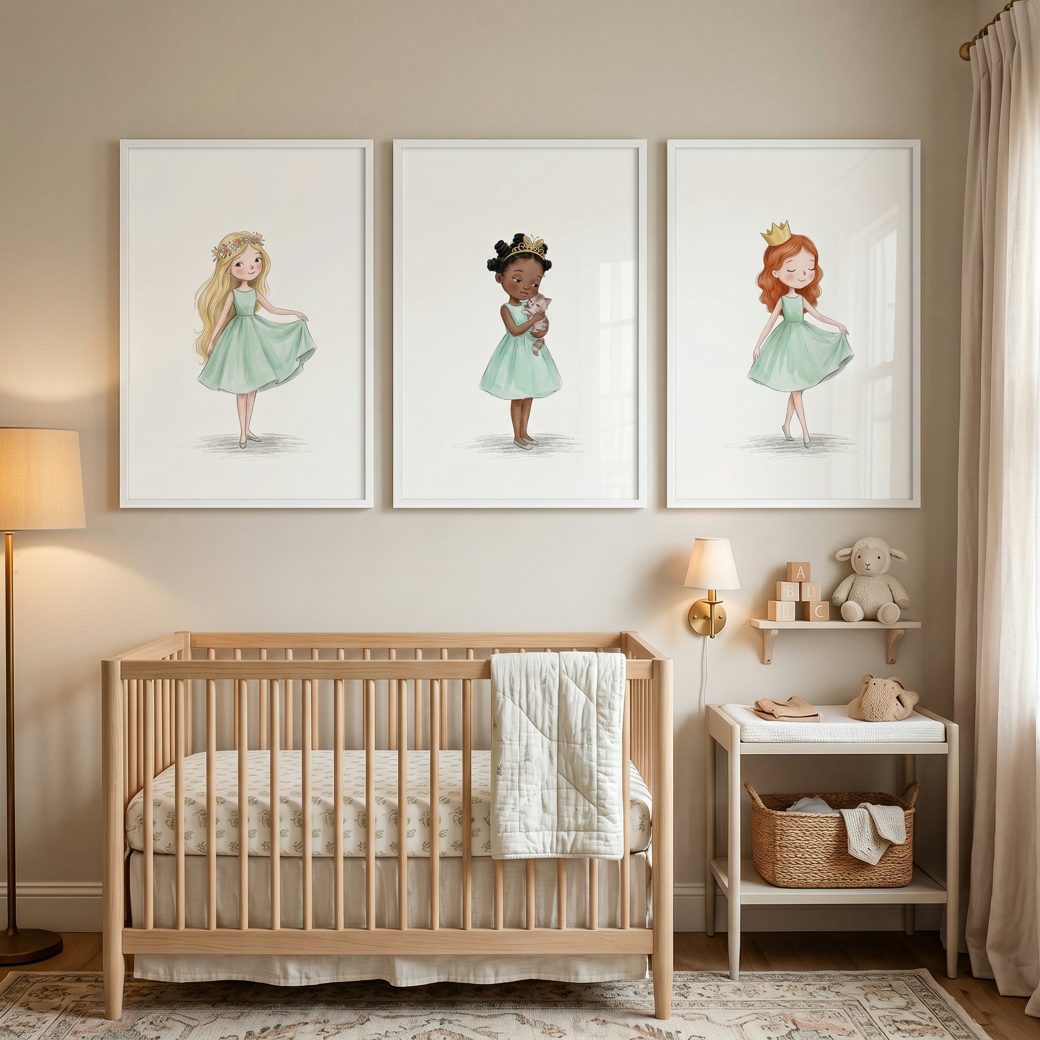 Mint Green Watercolor Princess Wall Art Set Of 3 - Tiny Mint Princesses