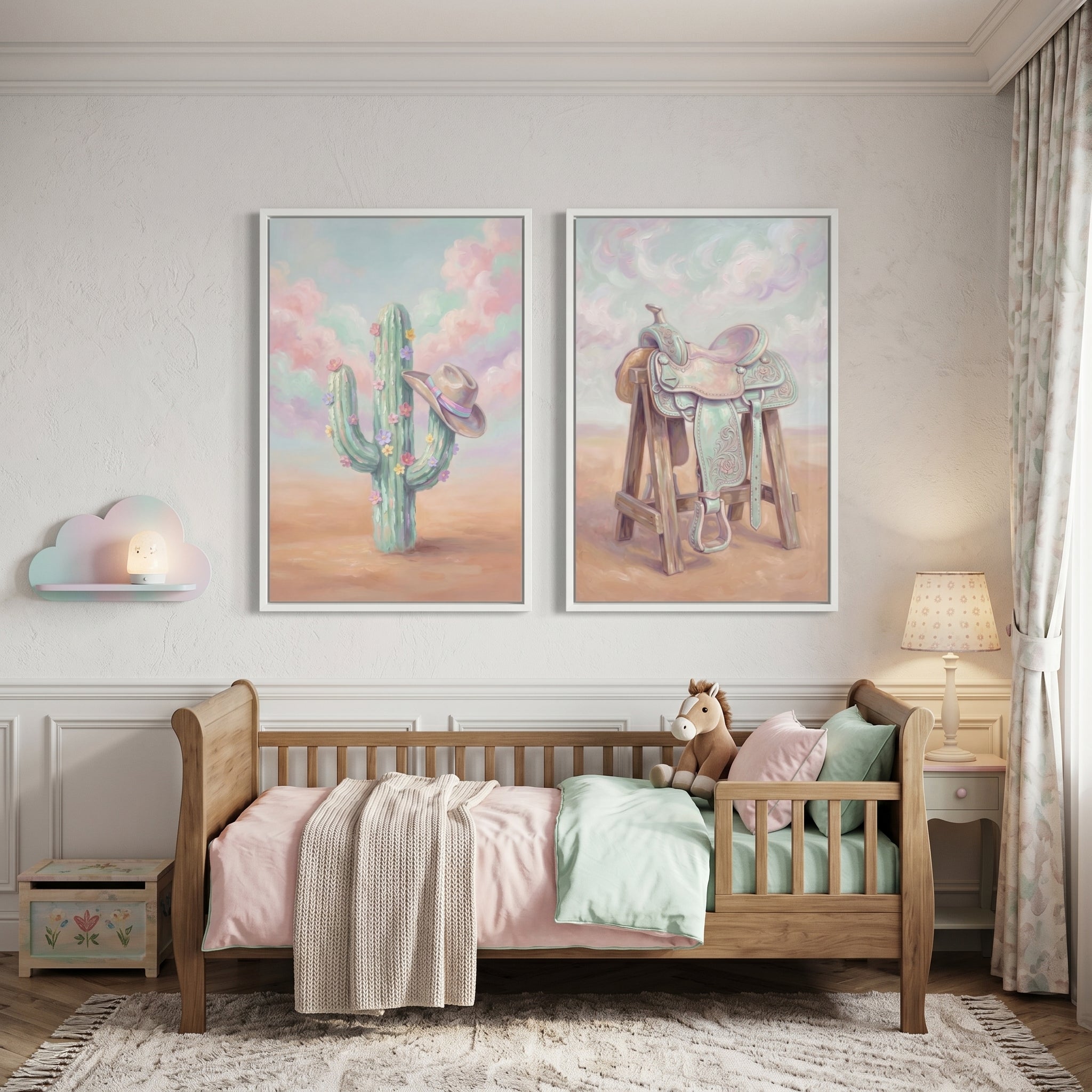 Mint Lavender Floral Western Wall Art Set of 2 - Dreamy Desert Bloom