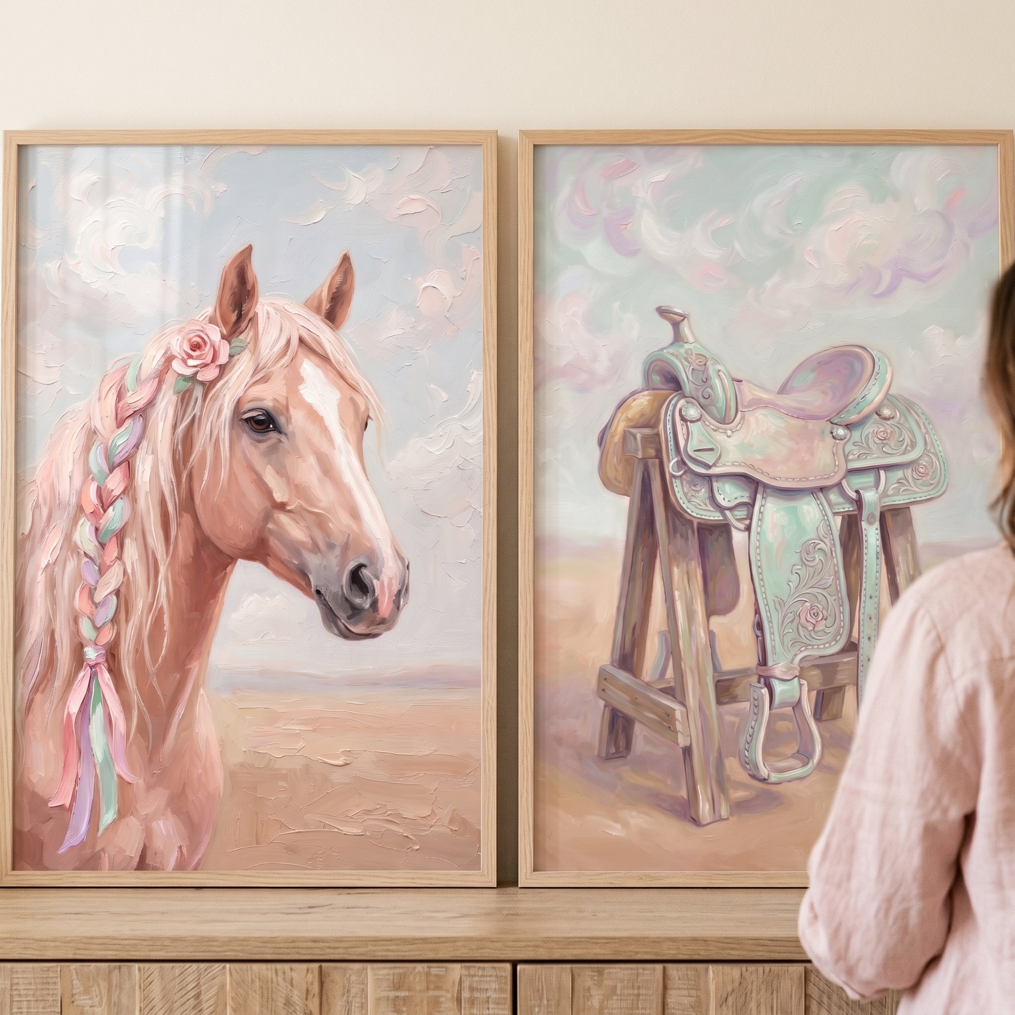 Mint Peach Cowgirl Wall Art Set of 2 - Braided Rose Spirit