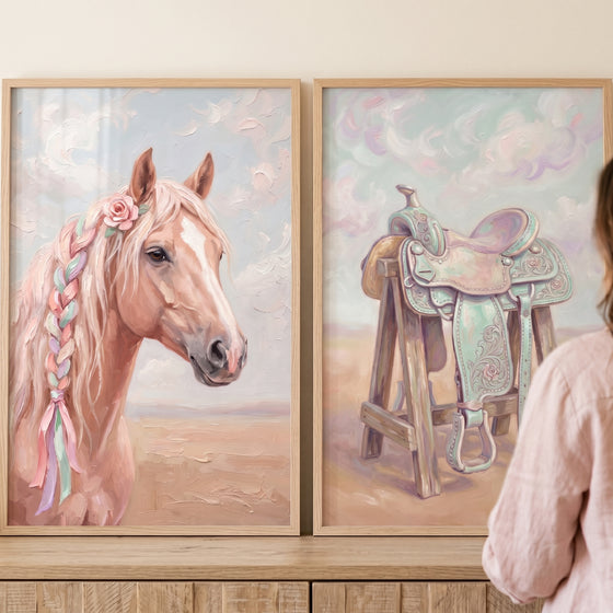 Framed horse with a floral mane and a pastel saddle, mint peach cowgirl wall art set of 2.