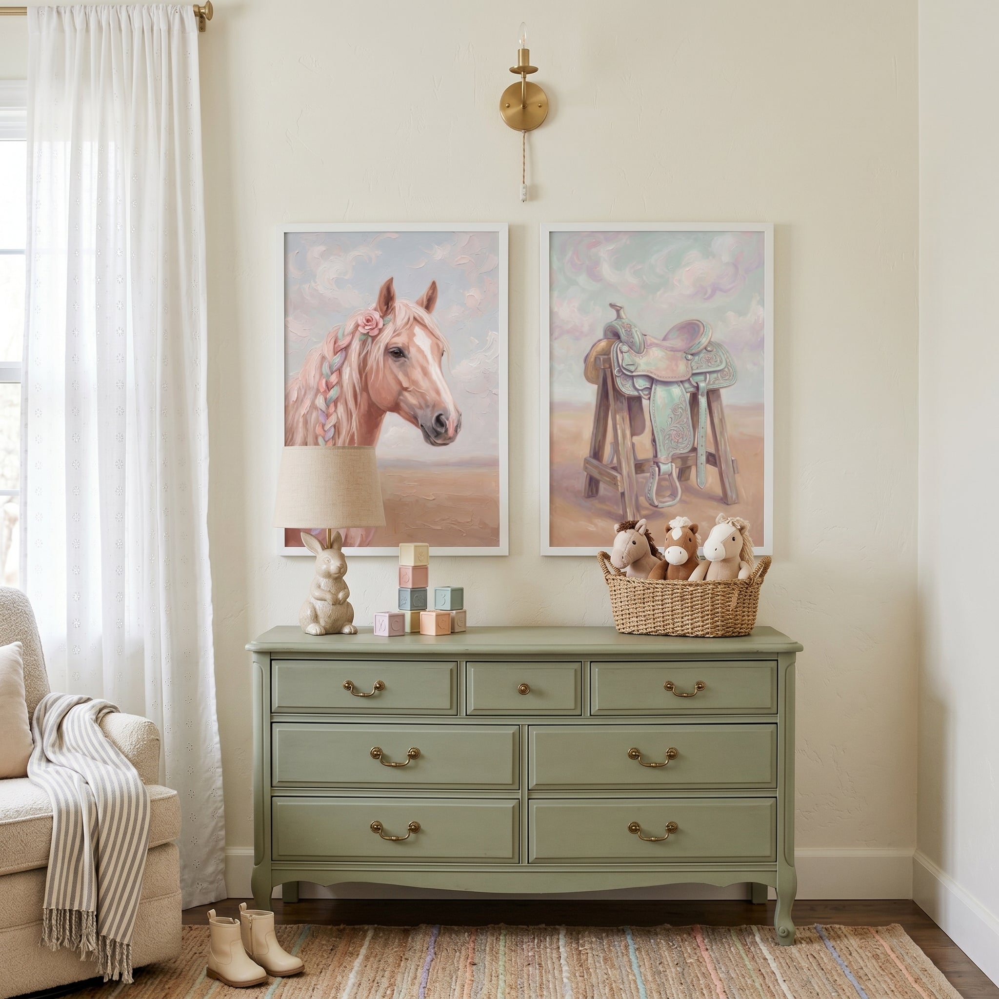 Mint Peach Cowgirl Wall Art Set of 2 - Braided Rose Spirit