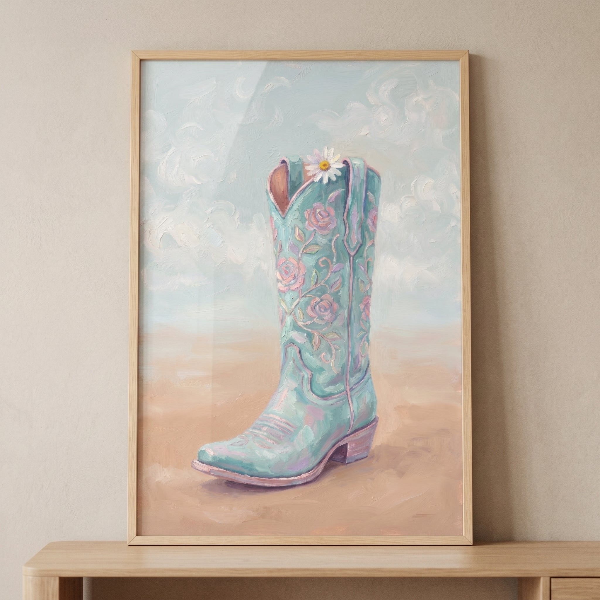 Mint Rose Cowboy Boot Wall Art - Teal Blossom Boot
