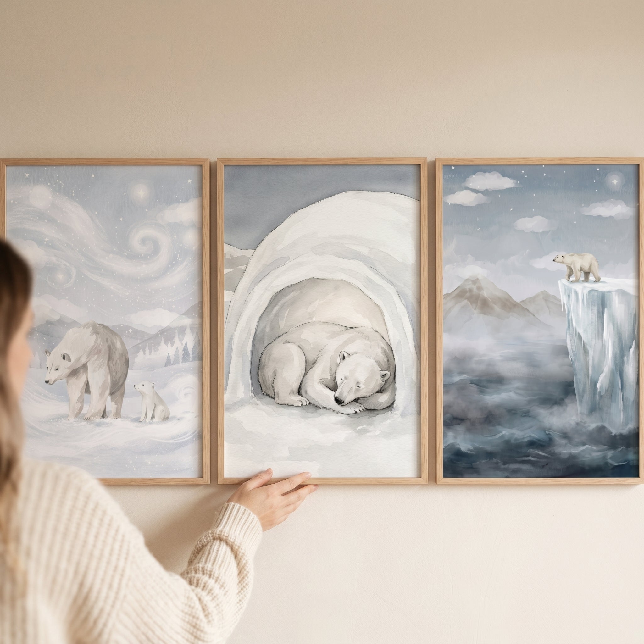 Misty Arctic Polar Bear Wall Art Set of 3 - Polar Wilderness Series