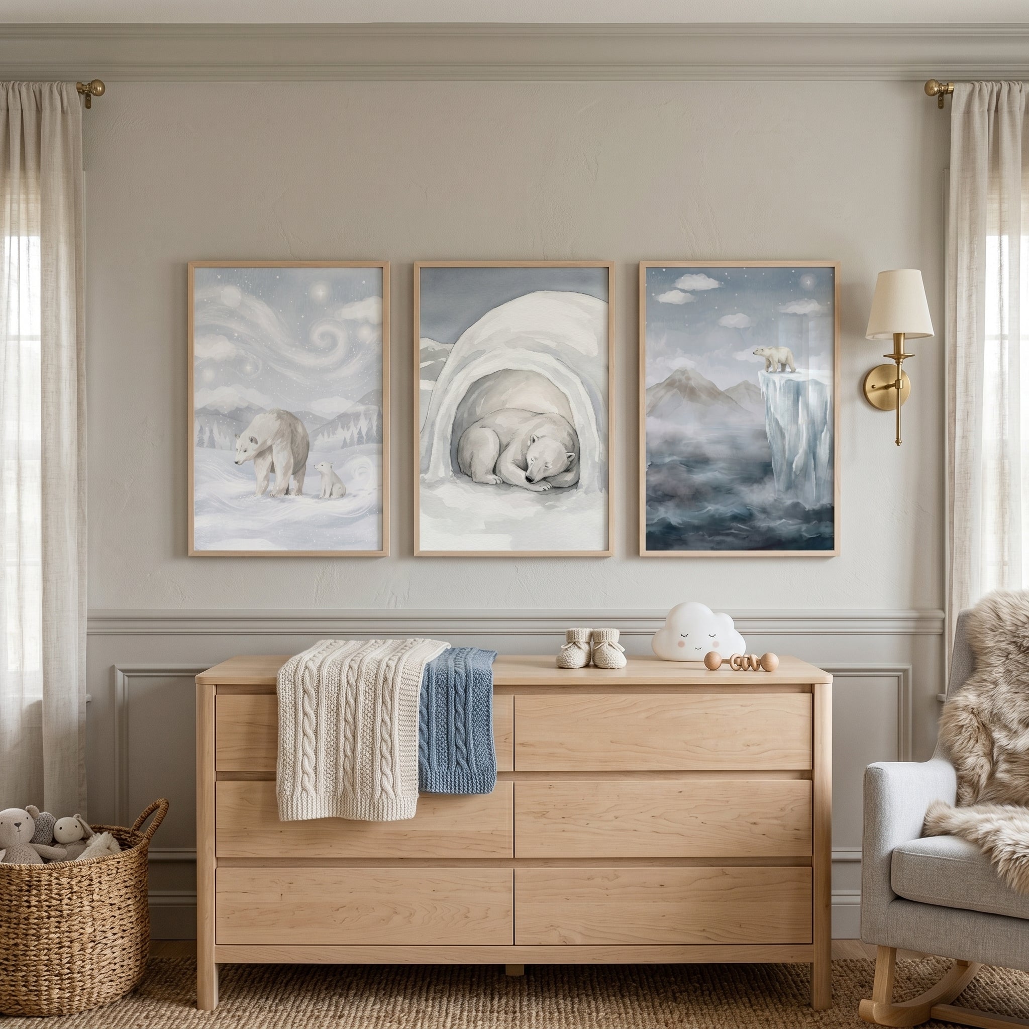 Misty Arctic Polar Bear Wall Art Set of 3 - Polar Wilderness Series