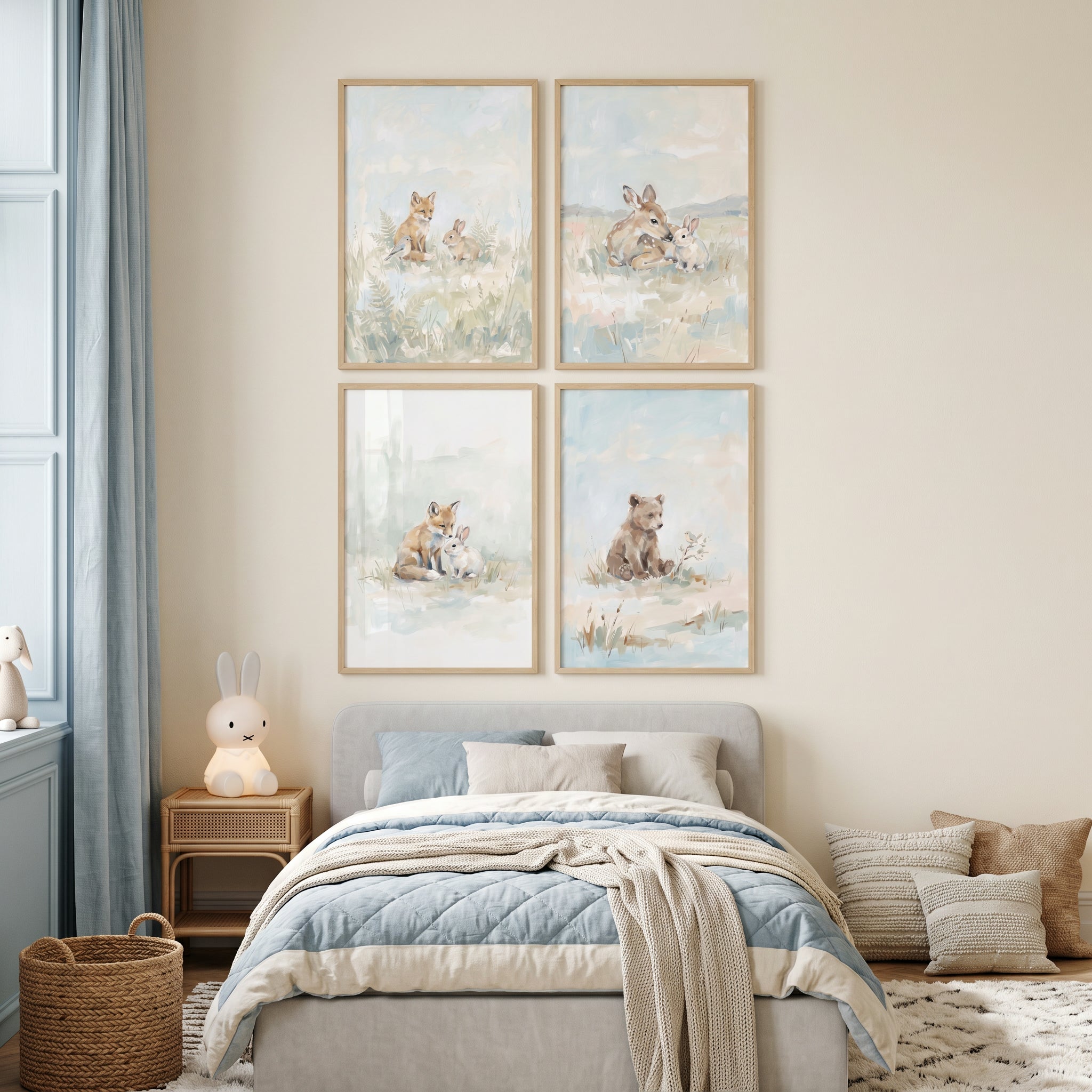 Misty Blue Baby Animals Wall Art Set of 4 - Gentle Forest Pals