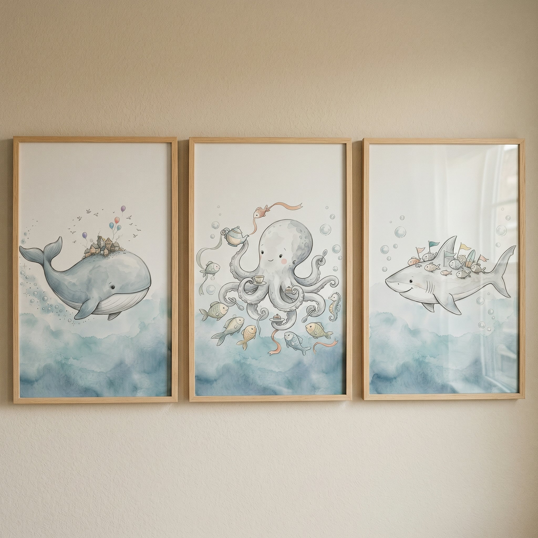 Misty Blue Ocean Animal Wall Art Set Of 3 - Gentle Ocean Wonders