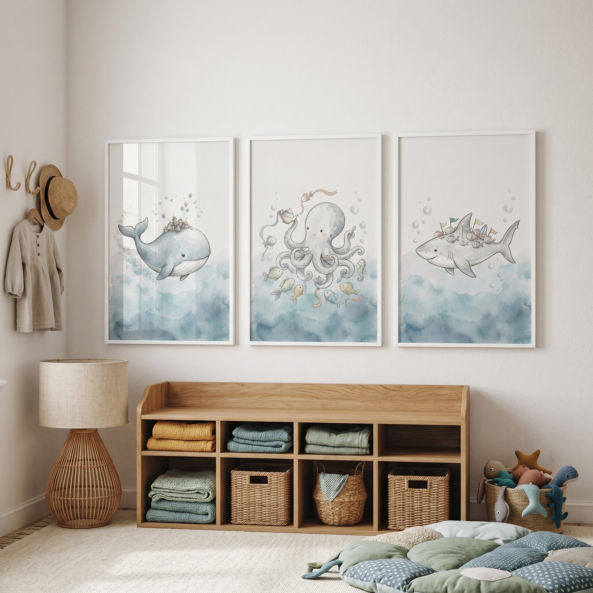 Misty Blue Ocean Animal Wall Art Set Of 3 - Gentle Ocean Wonders