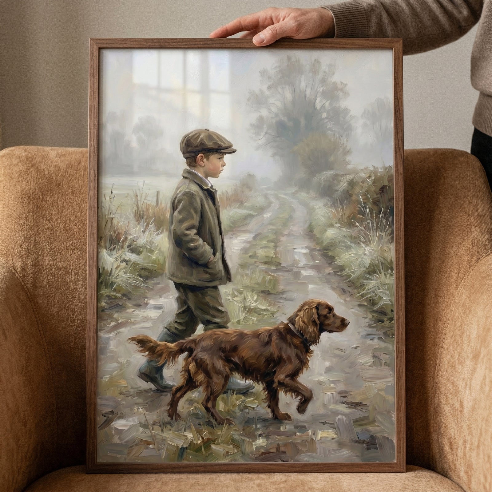 A framed misty country path boy wall art of a boy in a flat cap walking his brown dog through a foggy wood.