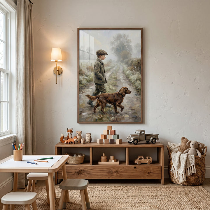 A child's playroom features misty country path boy wall art above a wooden shelf with blocks and a toy truck.