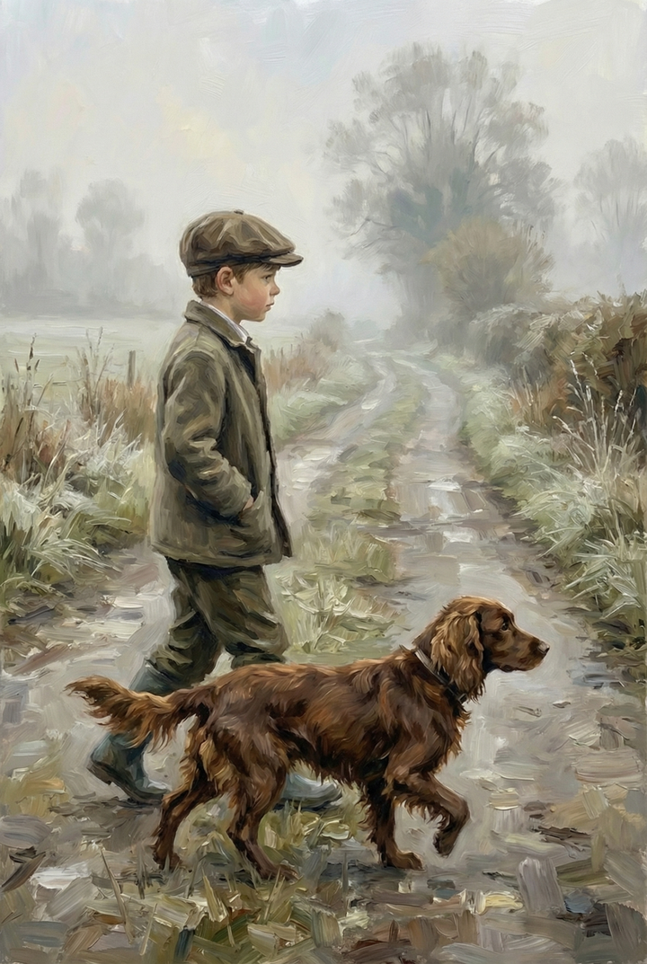  A child walks along a misty rural path with a brown dog leading ahead, both surrounded by soft fog and muted countryside tones.
