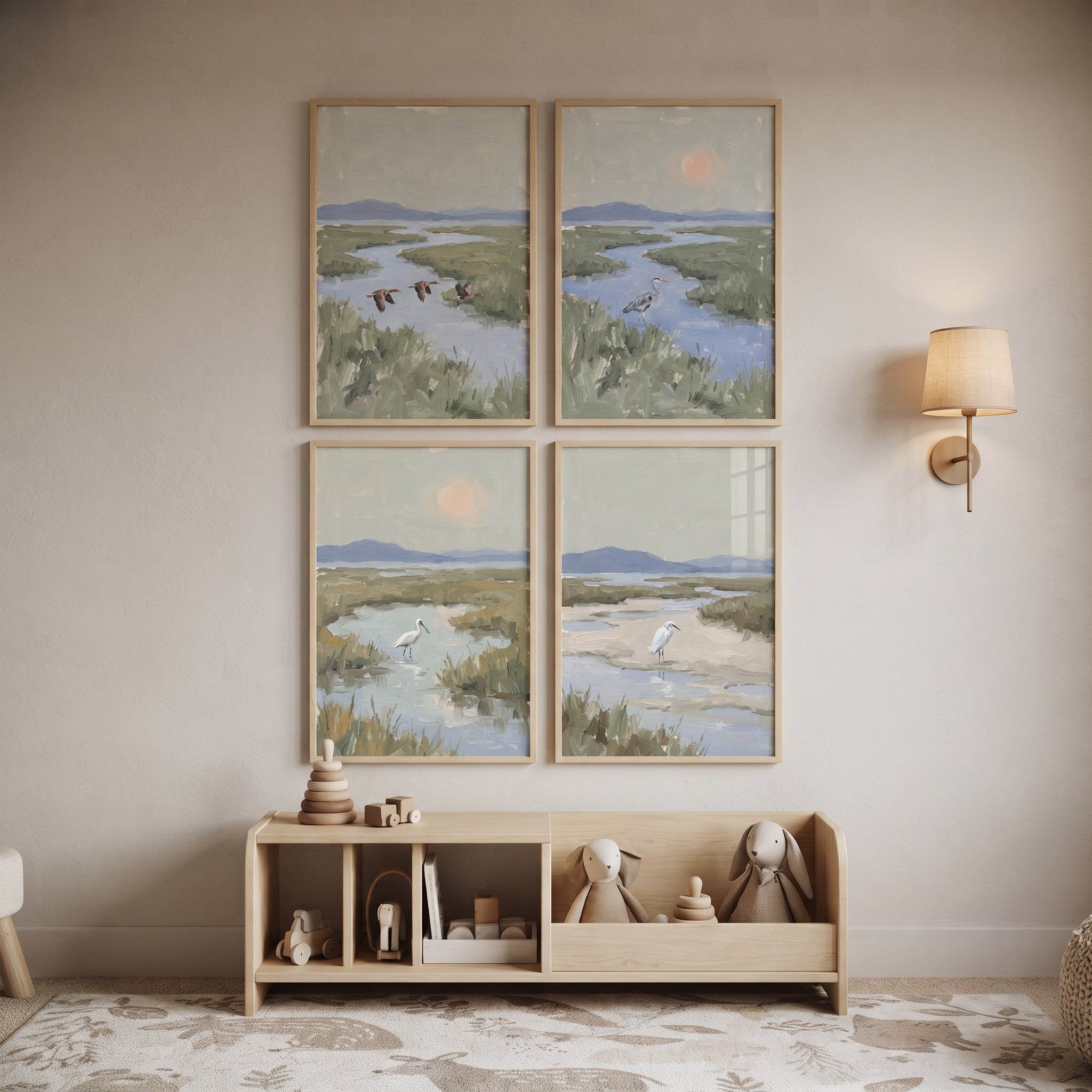 Misty Green Coastal Bird Wall Art Set of 4 - Wild Wetland Birds
